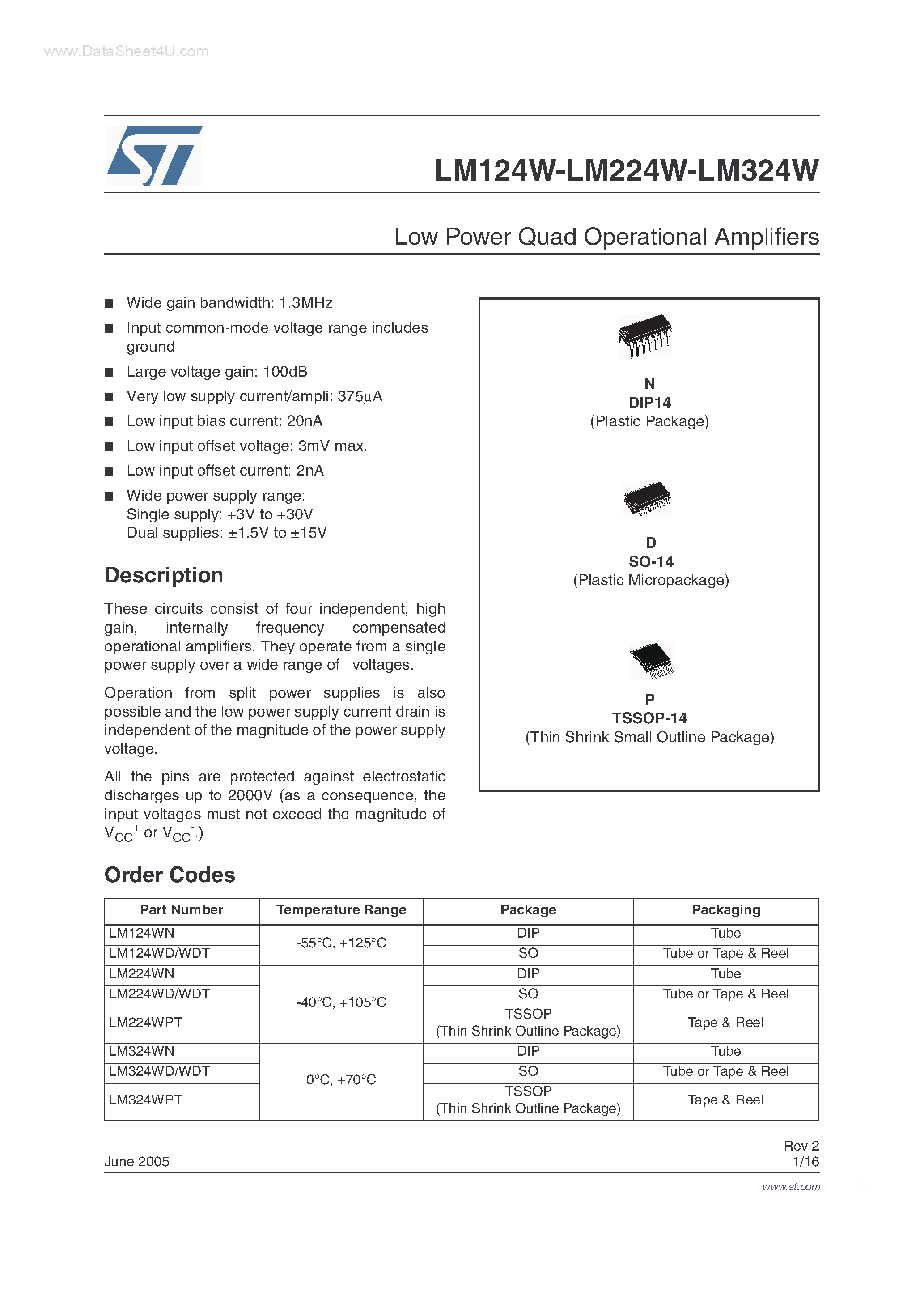 Datasheet LM324W - Low Power Quad Operational Amplifiers page 1