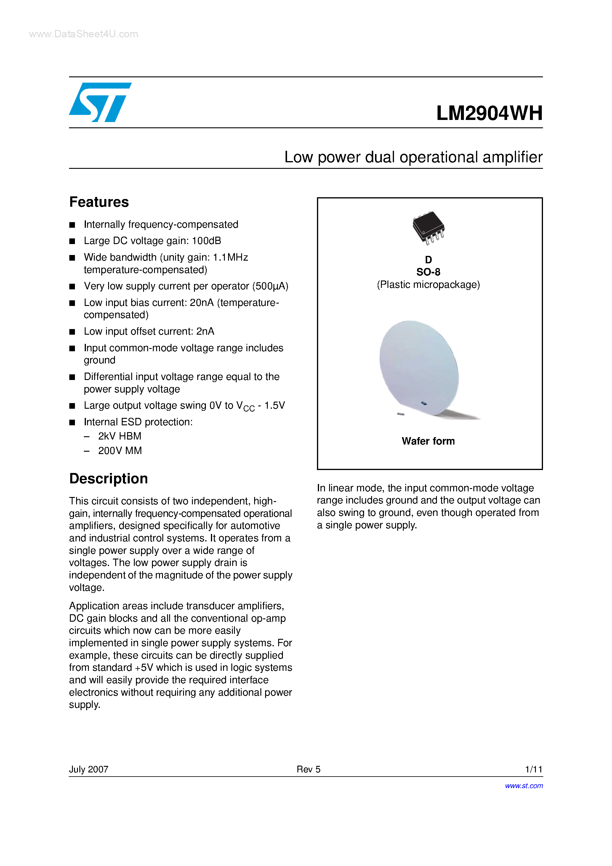 Datasheet LM2904WH - Low power dual operational amplifier page 1