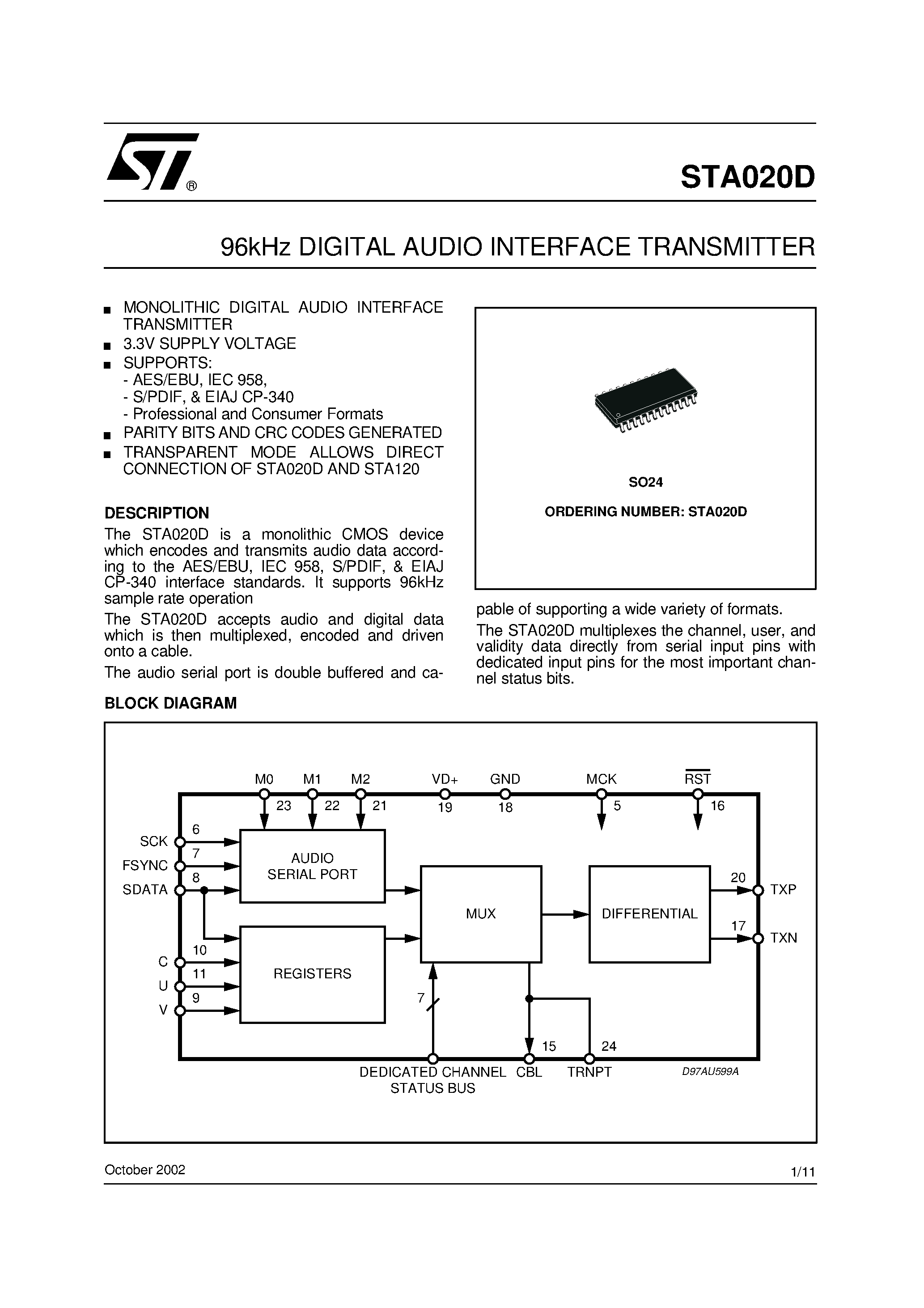 Datasheet STA020D - 96kHz DIGITAL AUDIO INTERFACE TRANSMITTER page 1