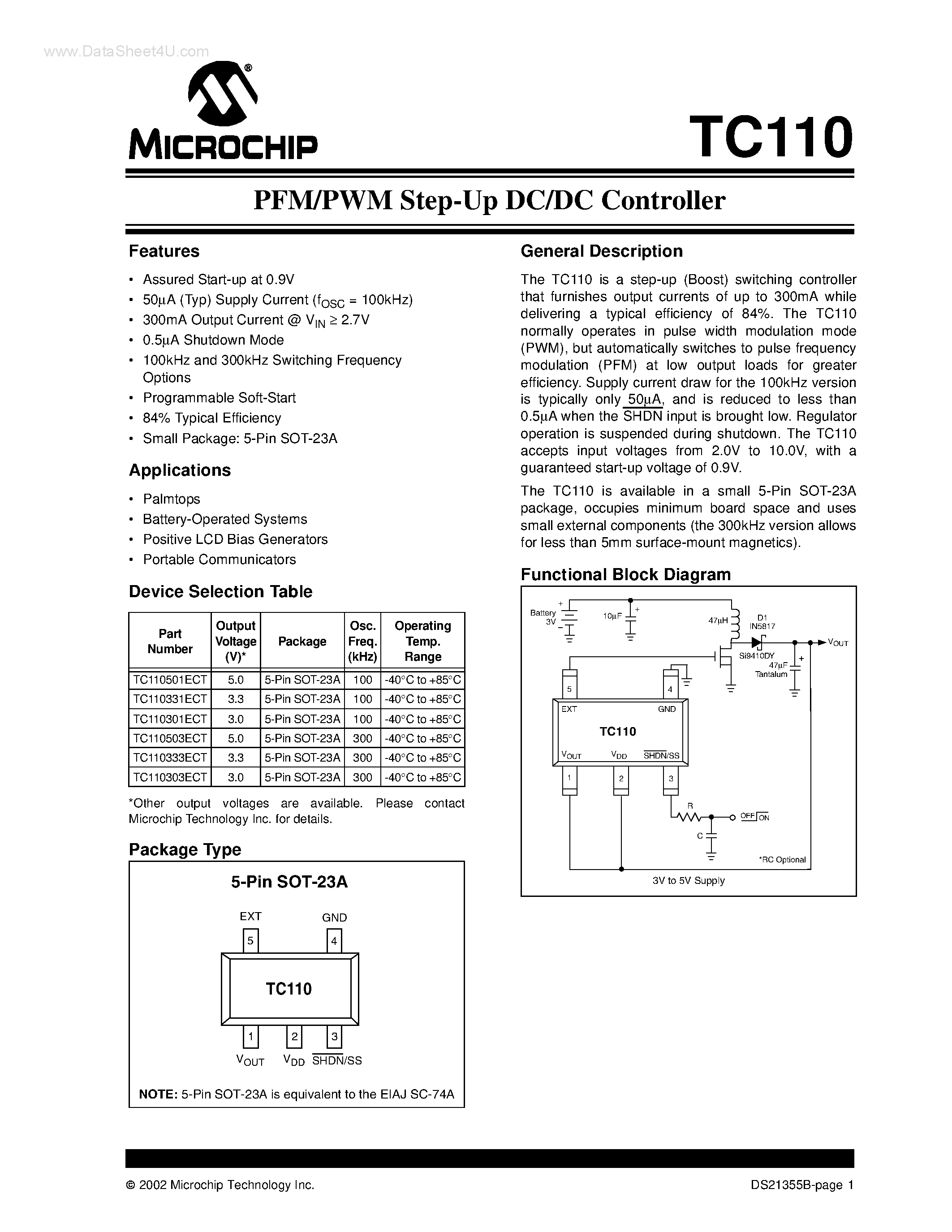 Datasheet TC110 - PFM/PWM Step-Up DC/DC Controller page 1