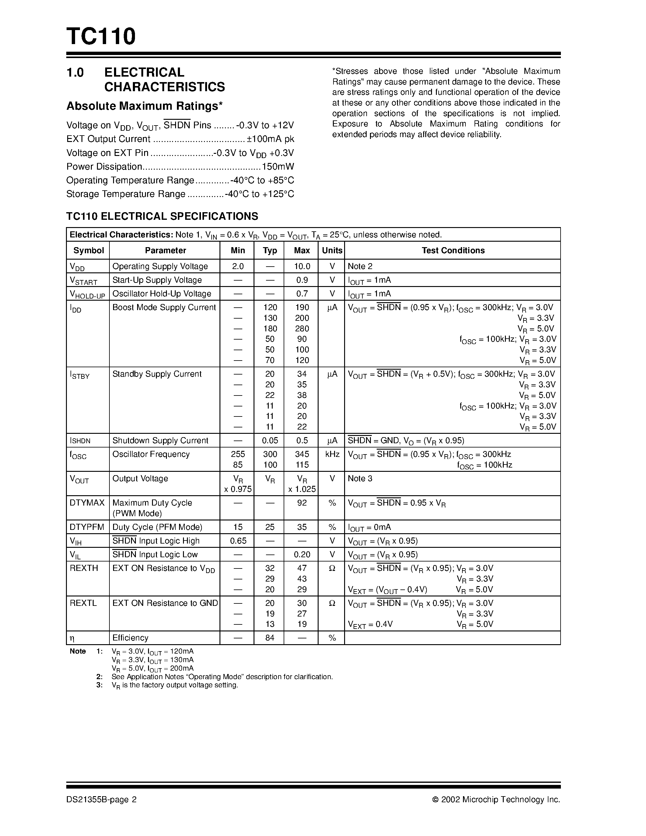 Datasheet TC110 - PFM/PWM Step-Up DC/DC Controller page 2