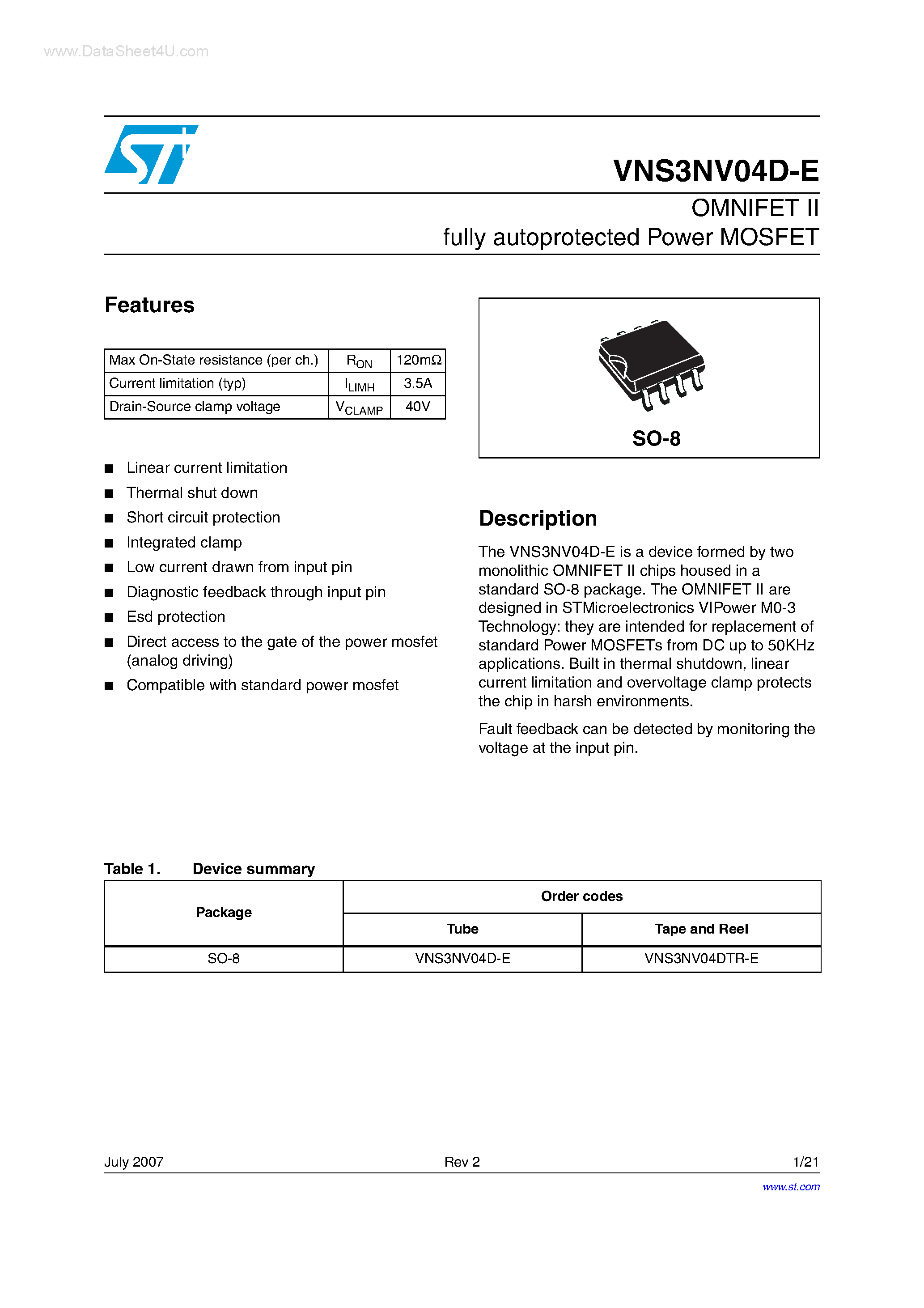 Datasheet VNS3NV04D-E - OMNIFET II fully autoprotected Power MOSFET page 1