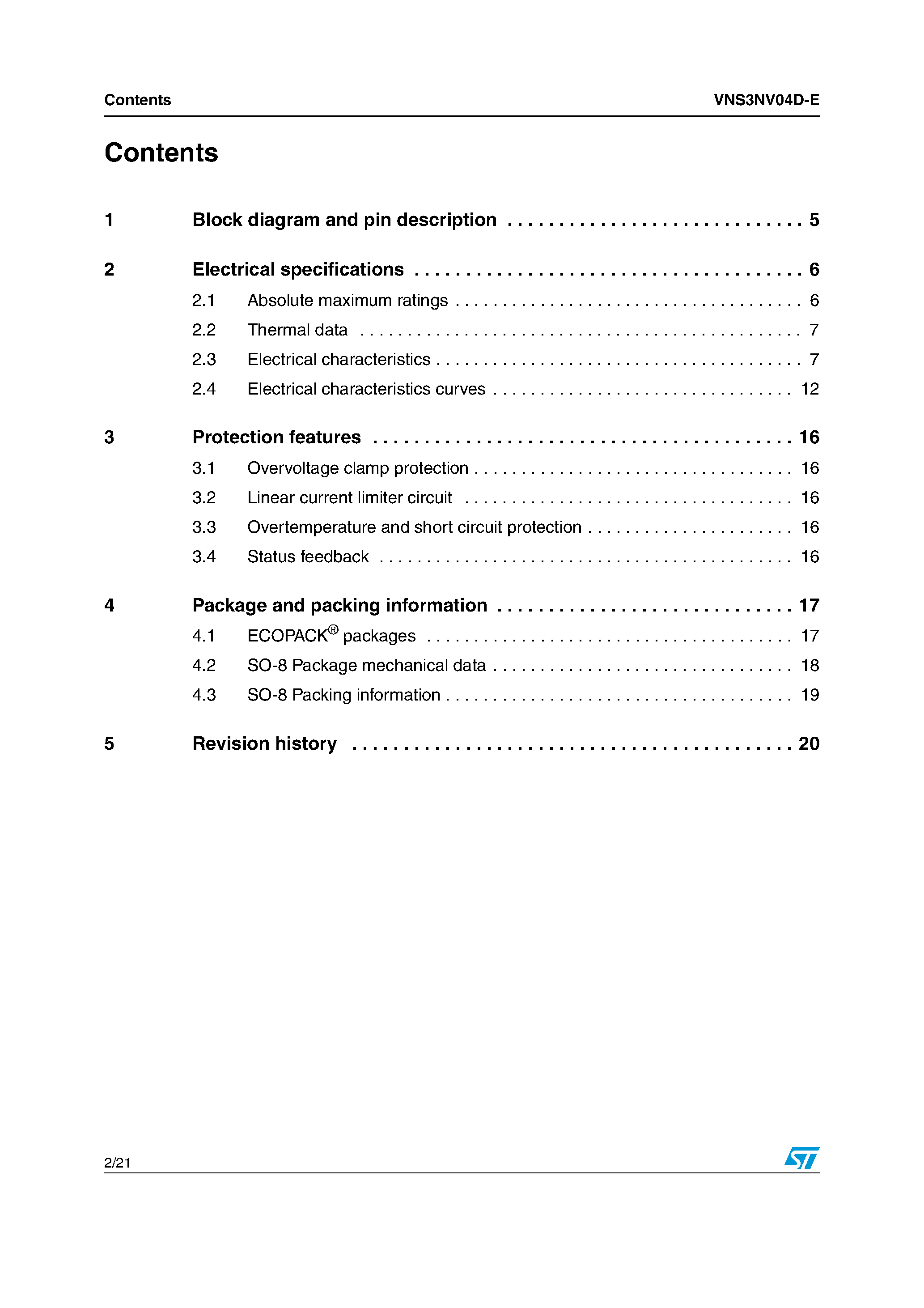 Datasheet VNS3NV04D-E - OMNIFET II fully autoprotected Power MOSFET page 2