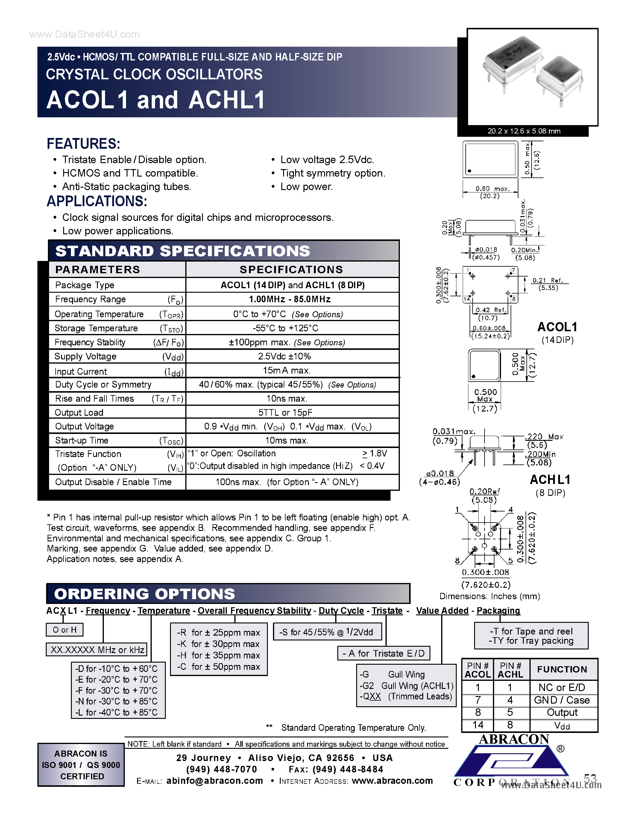 Даташит ACOL1 - HCMOS/ TTL COMPATIBLE FULL-SIZE AND HALF-SIZE DIP CRYSTAL CLOCK OSCILLATORS страница 1