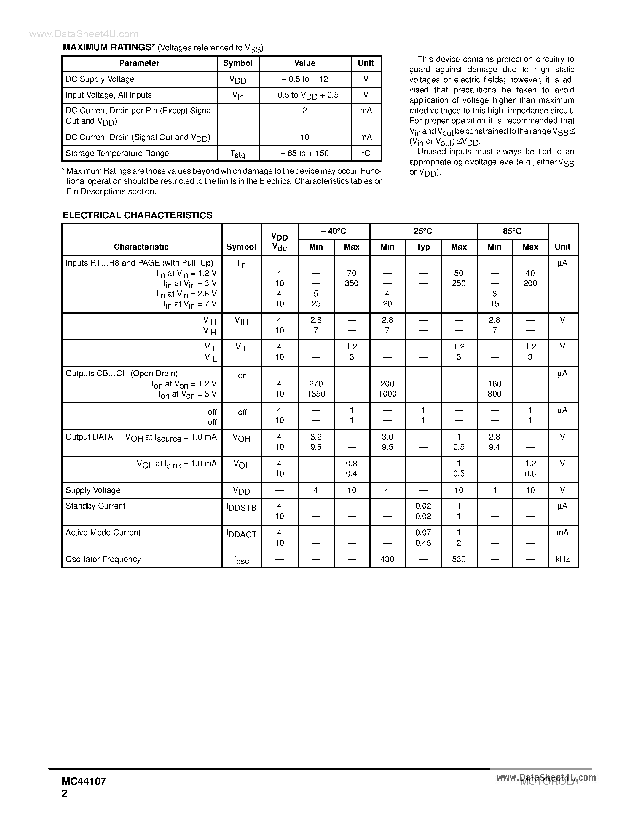 Datasheet MC44107 - IR Remote Control Transmitter page 2