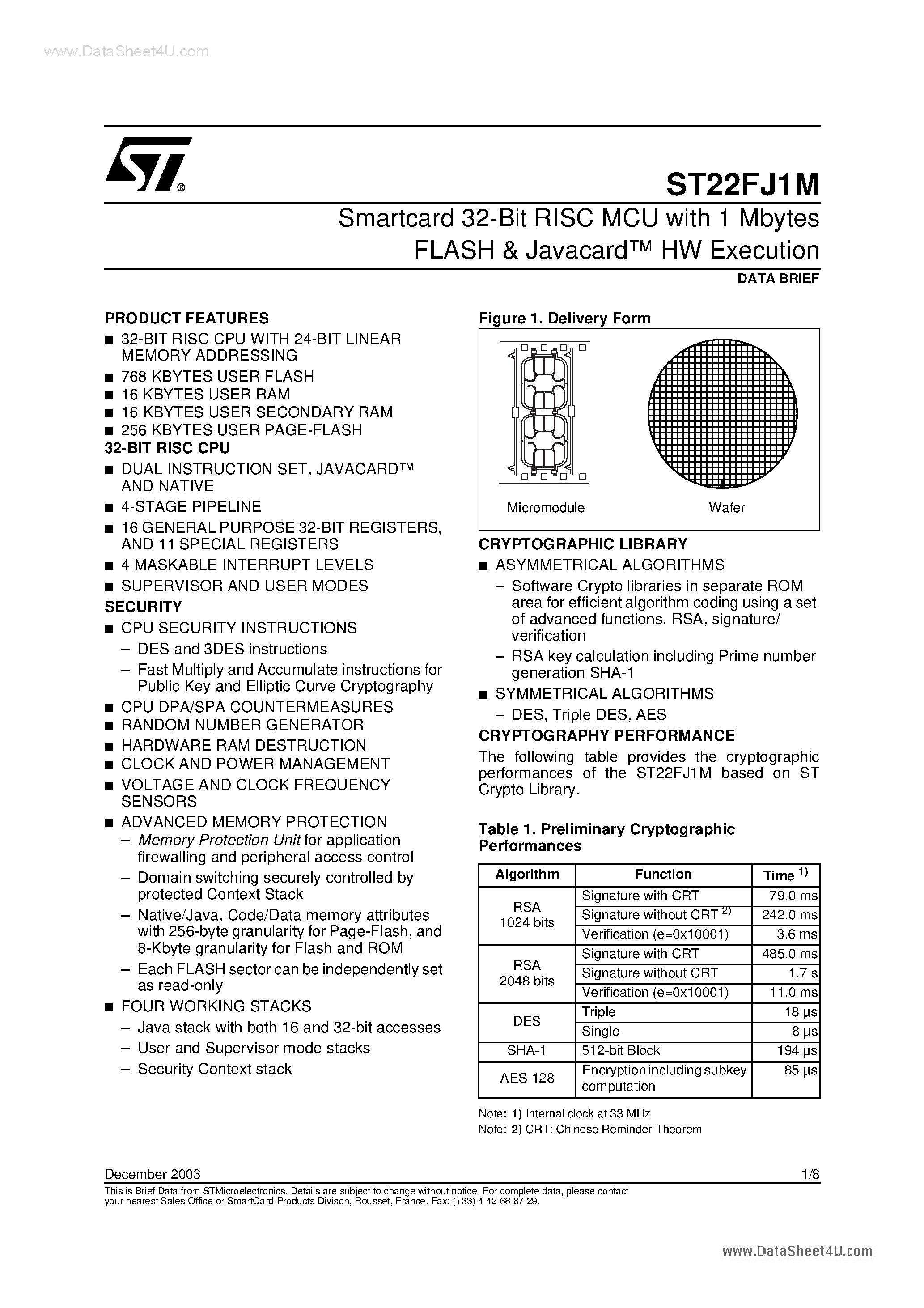 Даташит ST22FJ1M - Smartcard 32-Bit RISC MCU страница 1