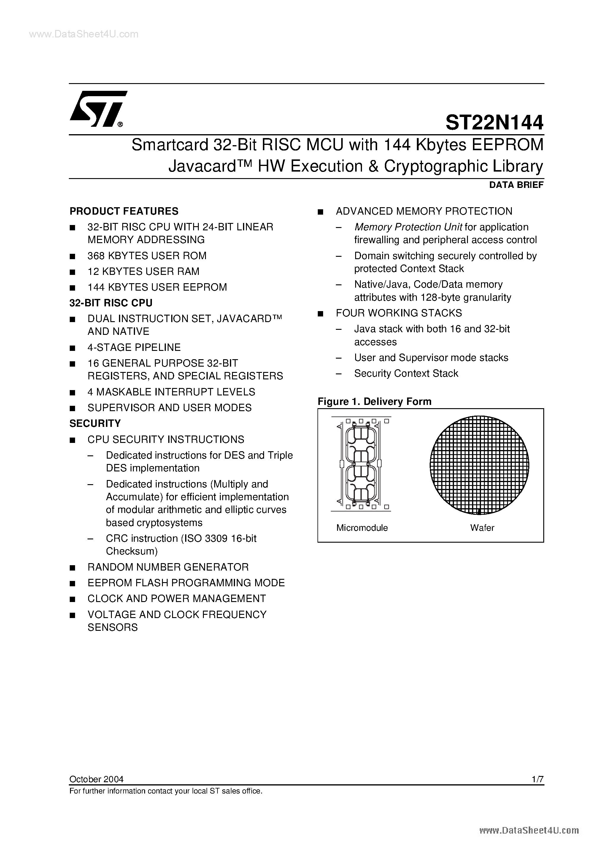 Даташит ST22N144 - Smartcard 32-Bit RISC MCU страница 1