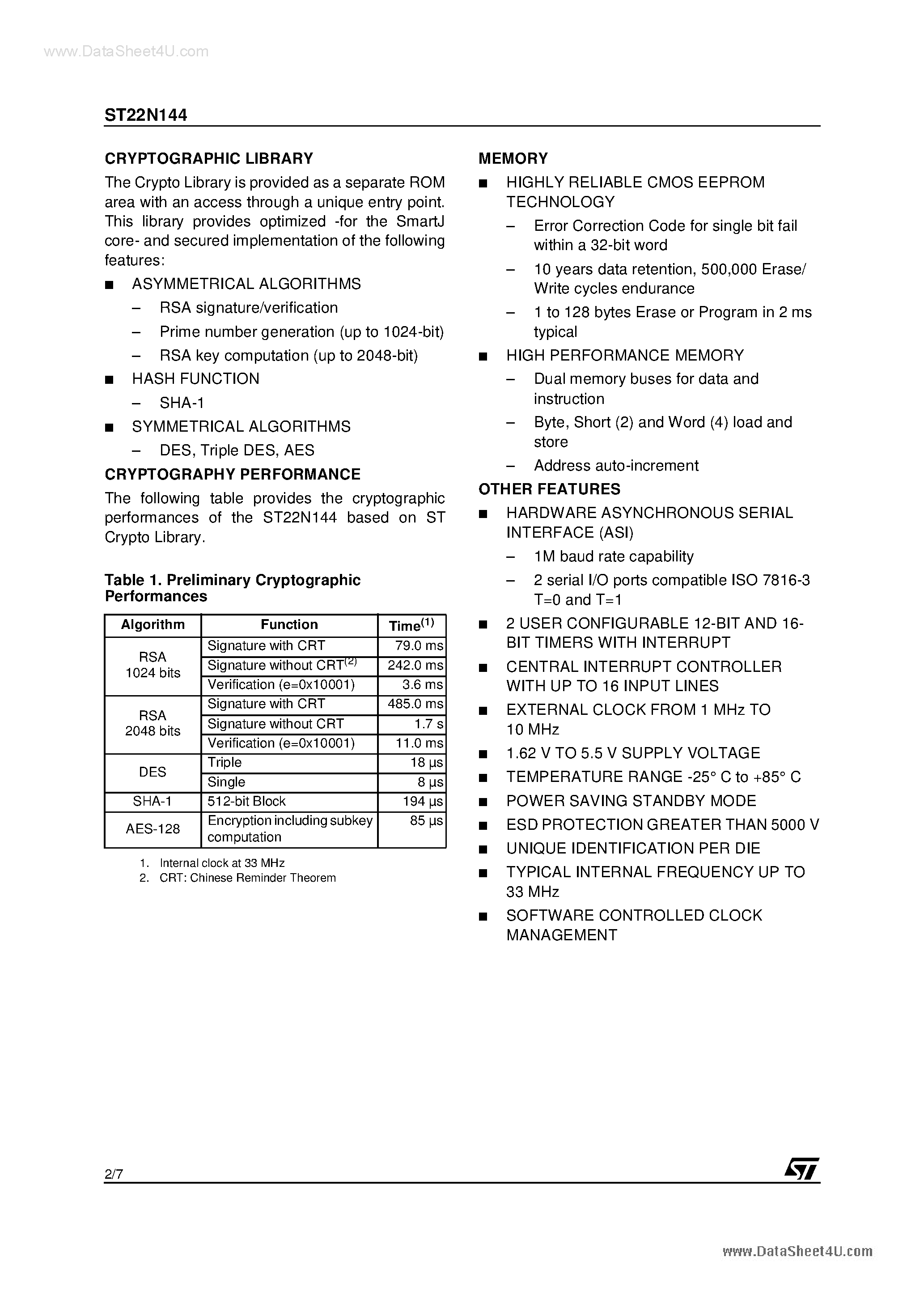Даташит ST22N144 - Smartcard 32-Bit RISC MCU страница 2