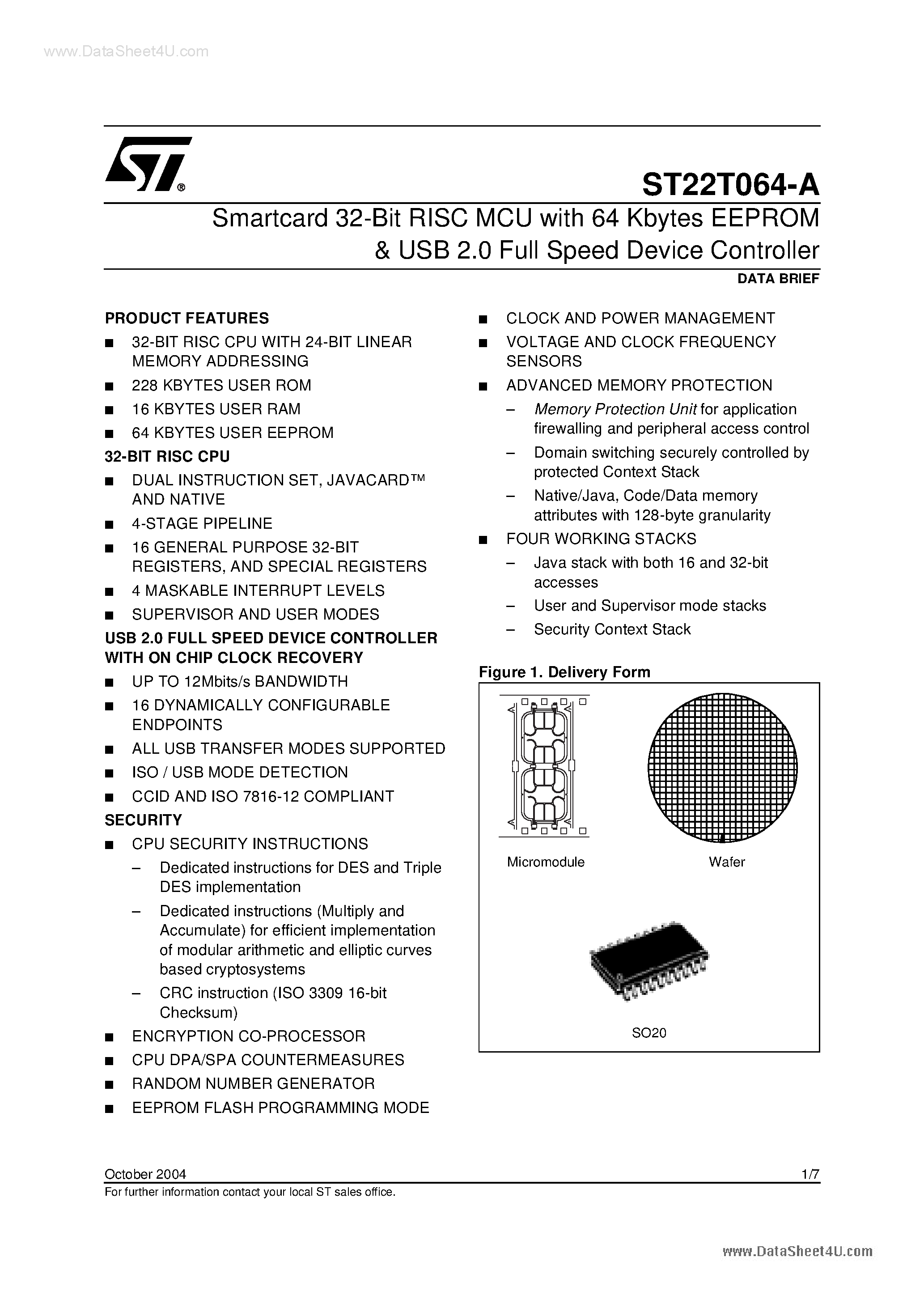 Даташит ST22T064-A - Smartcard 32-Bit RISC MCU страница 1