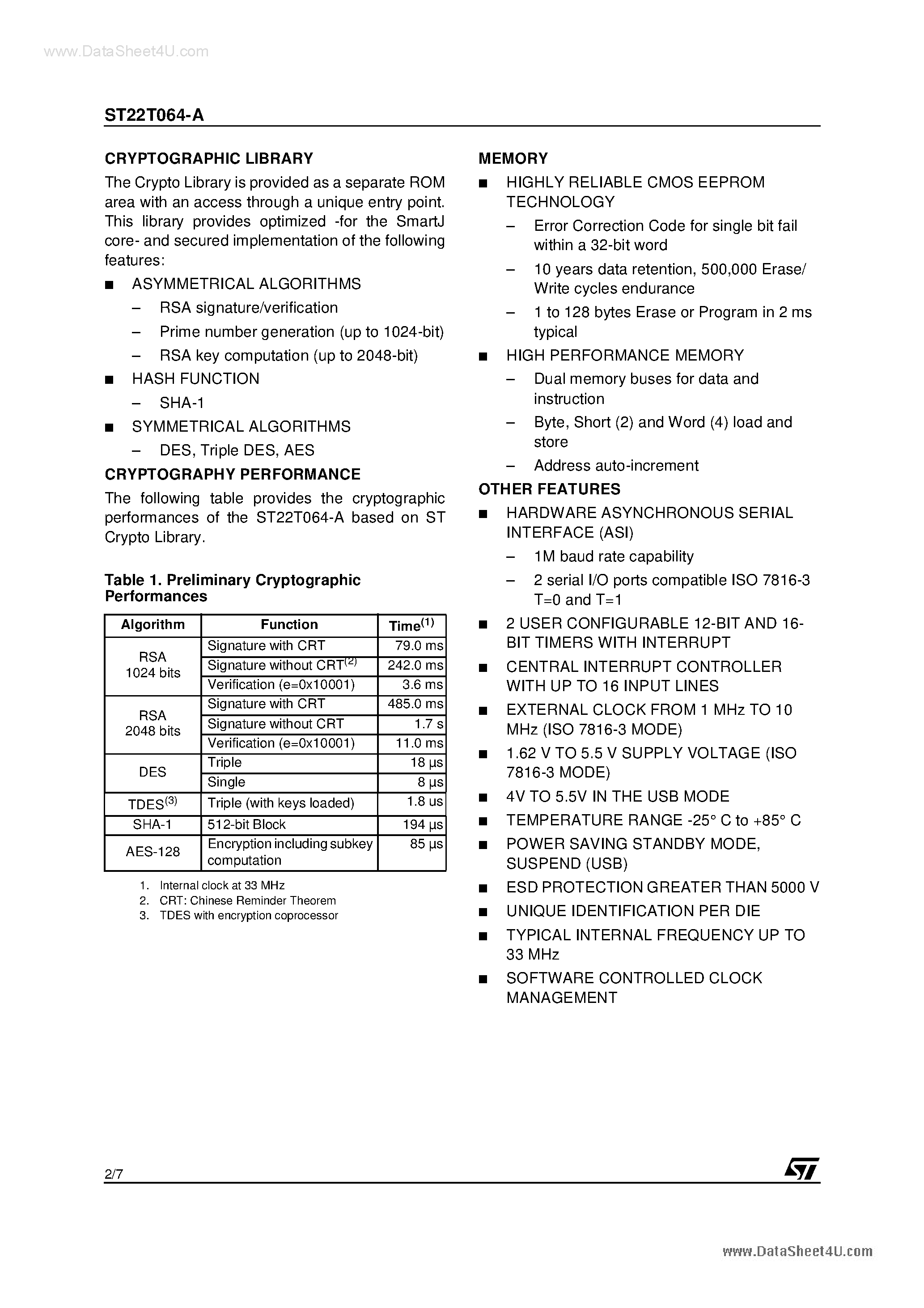 Даташит ST22T064-A - Smartcard 32-Bit RISC MCU страница 2