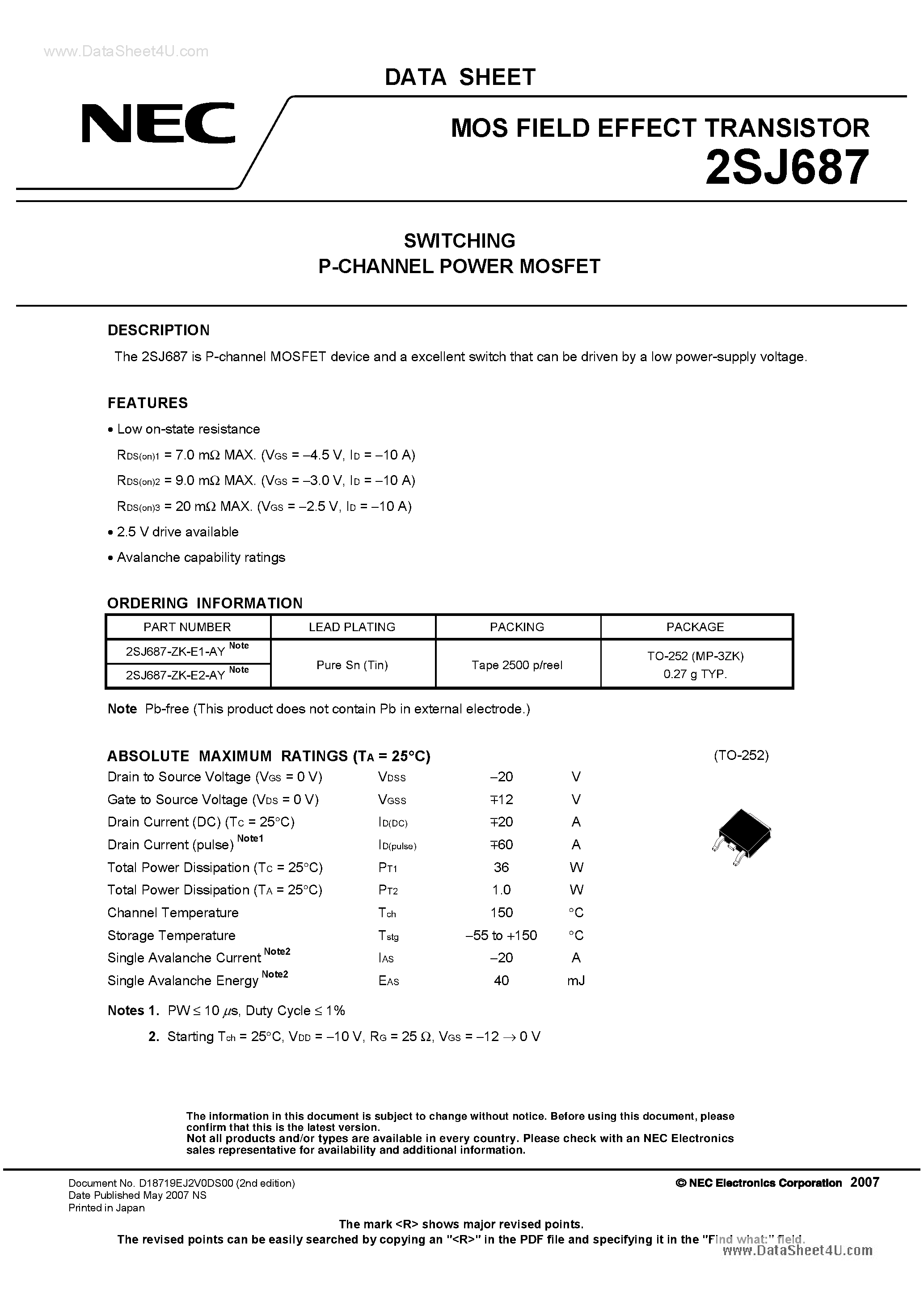 Datasheet 2SJ687 - MOS FIELD EFFECT TRANSISTOR page 1