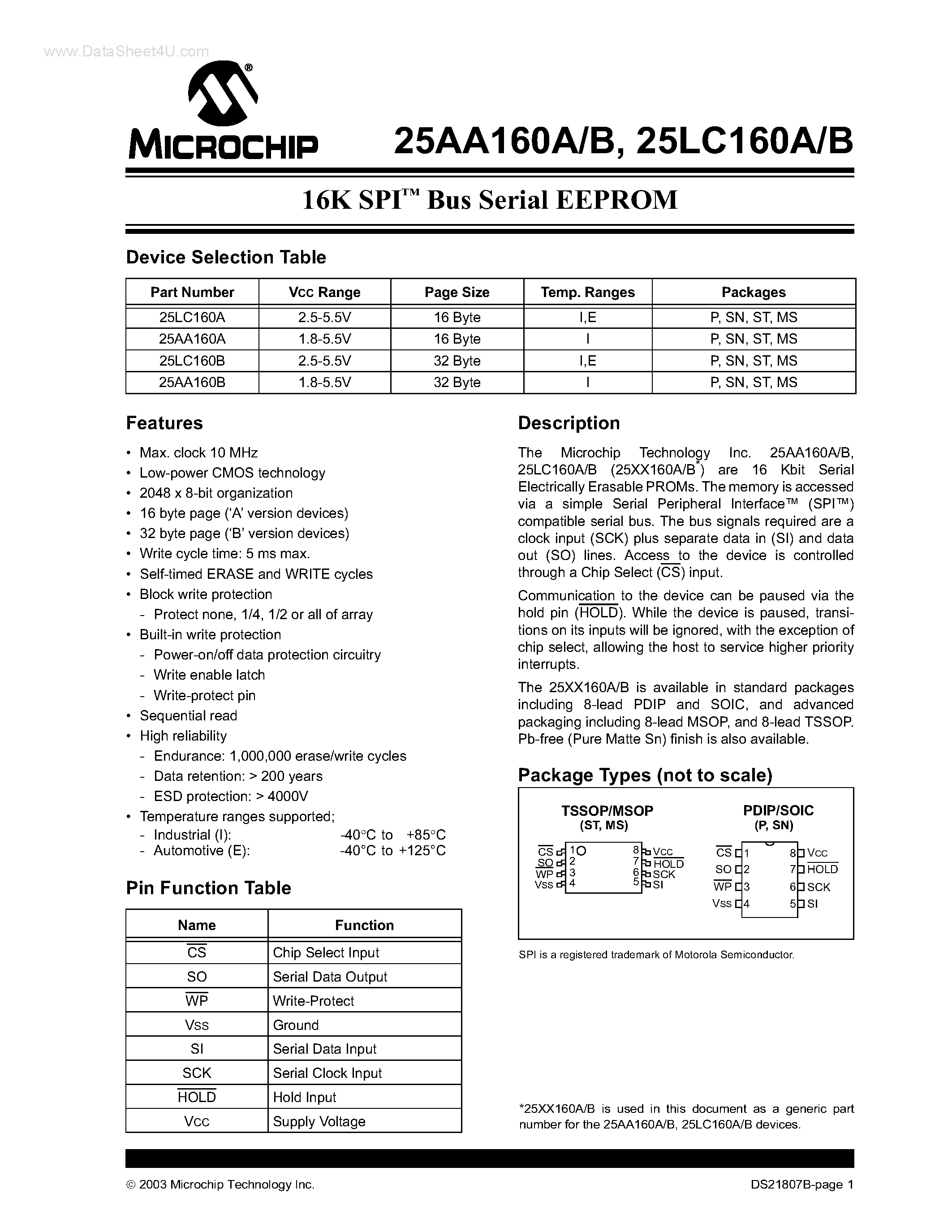 Datasheet 25LC160A - (25LC160A/B) 16K SPI Bus Serial EEPROM page 1