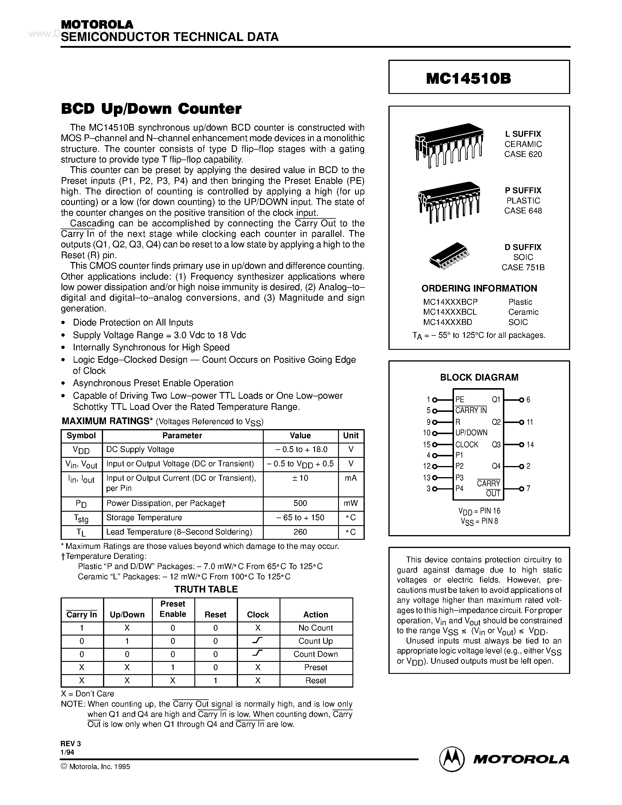 Даташит MC14510B - BCD Up/Down Counter страница 1