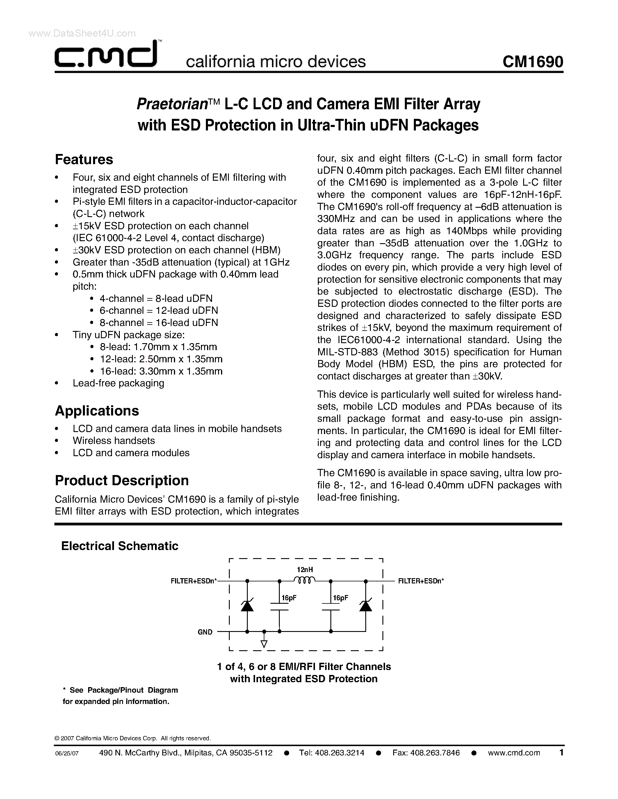 Datasheet CM1690 - Praetorian L-C LCD and Camera EMI Filter Array page 1