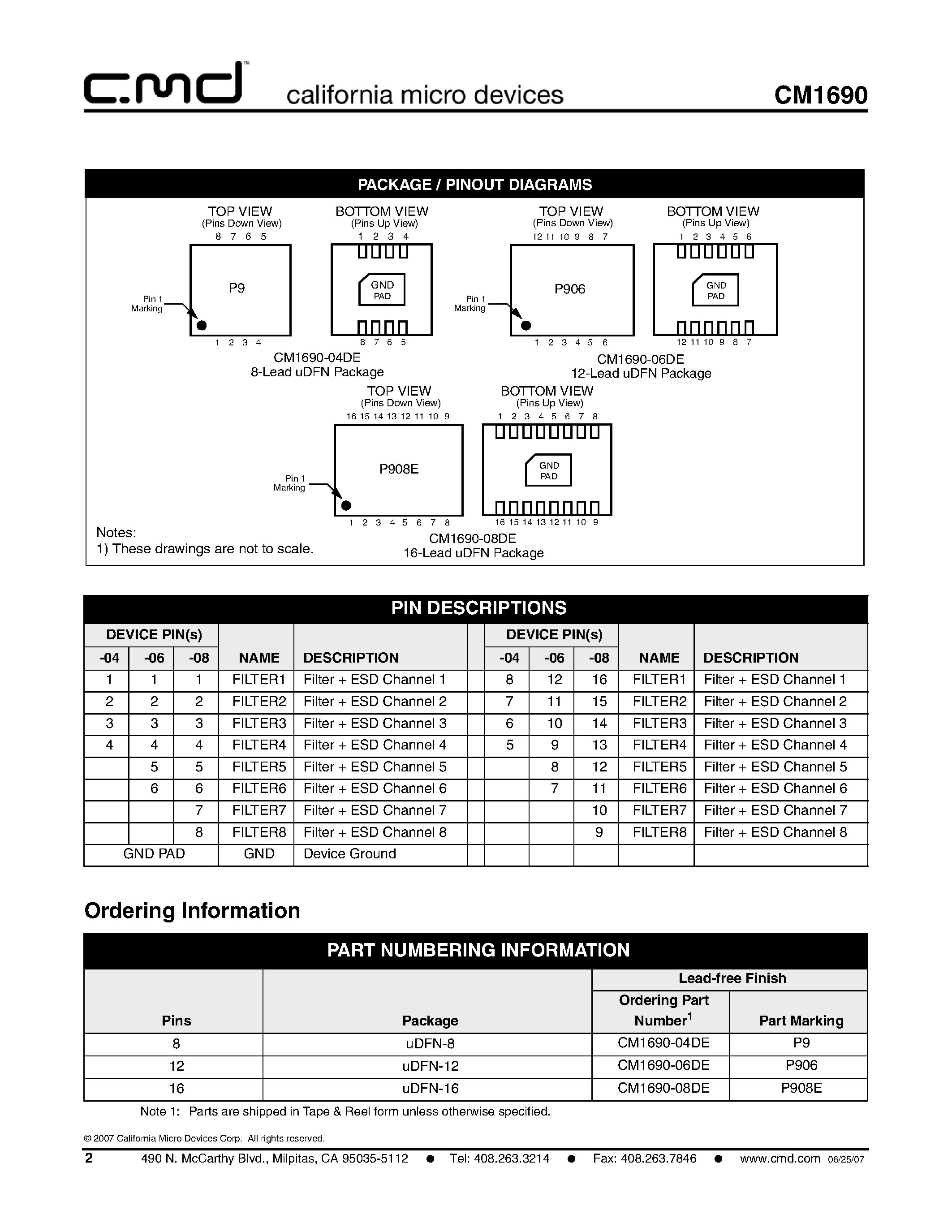 Datasheet CM1690 - Praetorian L-C LCD and Camera EMI Filter Array page 2