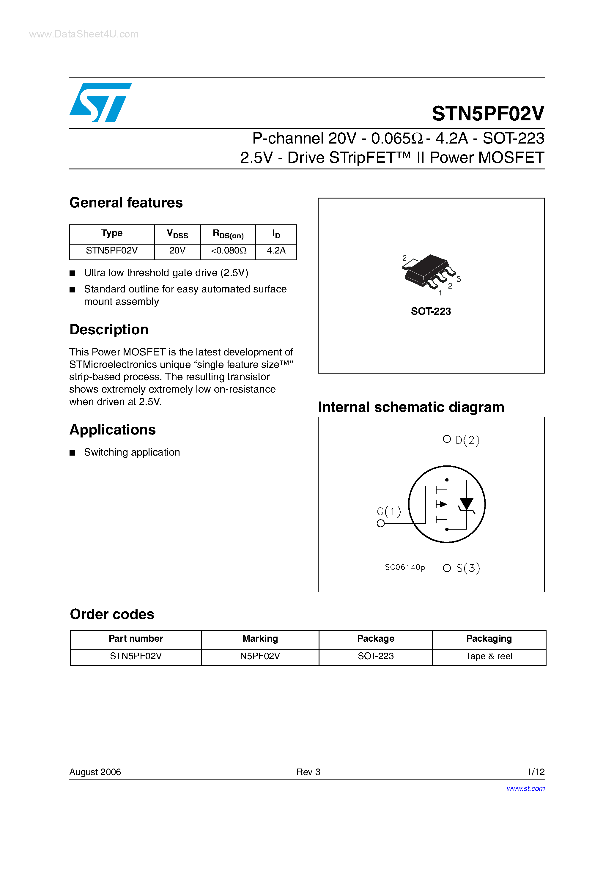 Даташит STN5PF02V - P-channel MOSFET страница 1