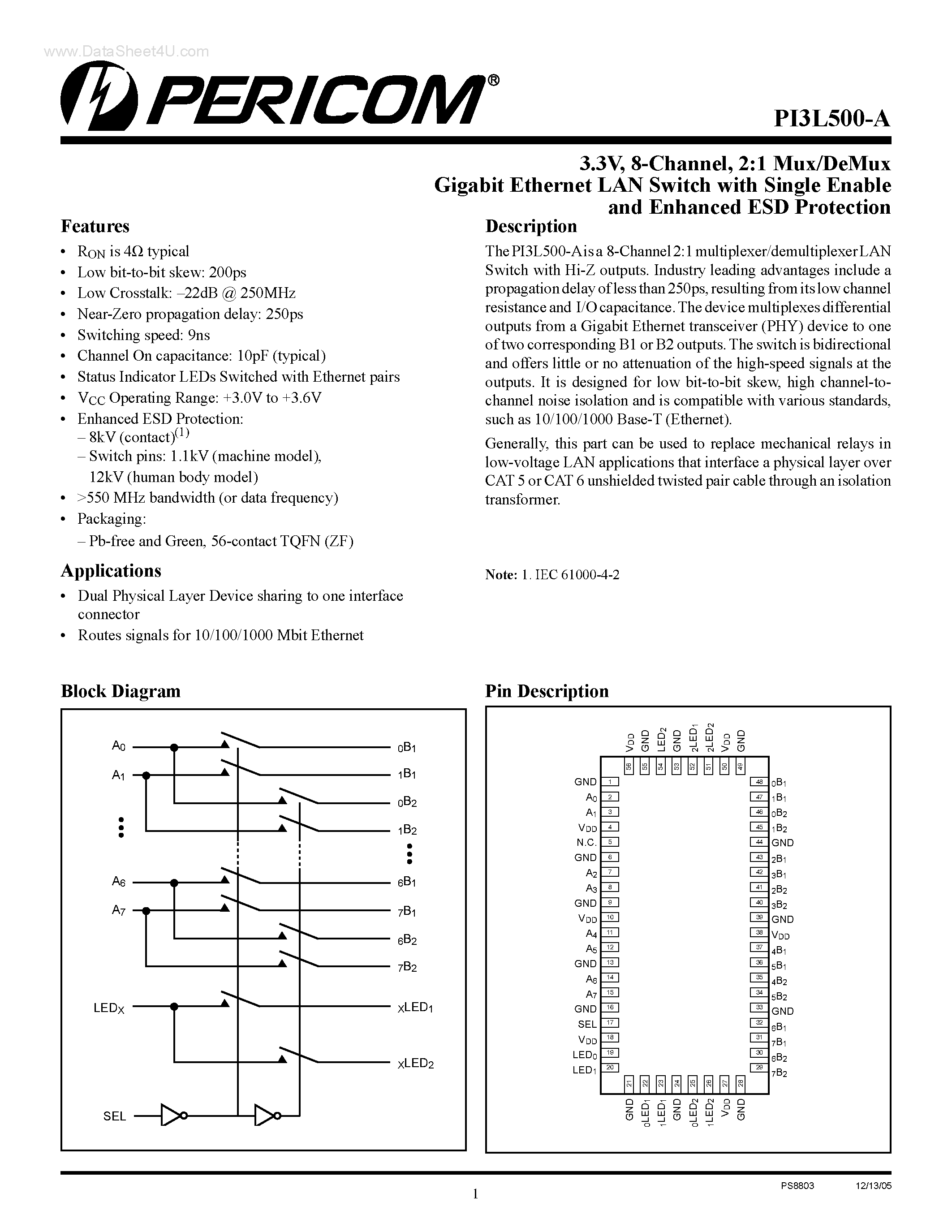 Даташит PI3L500-A - 2:1 Mux/DeMux Gigabit Ethernet LAN Switch страница 1