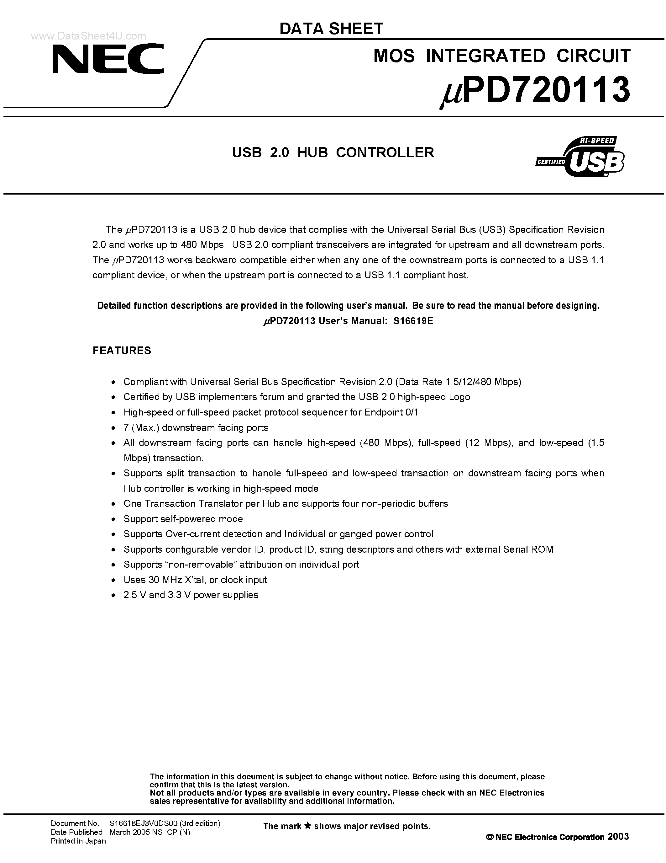 Даташит UPD720113 - USB 2.0 HUB CONTROLLER страница 1