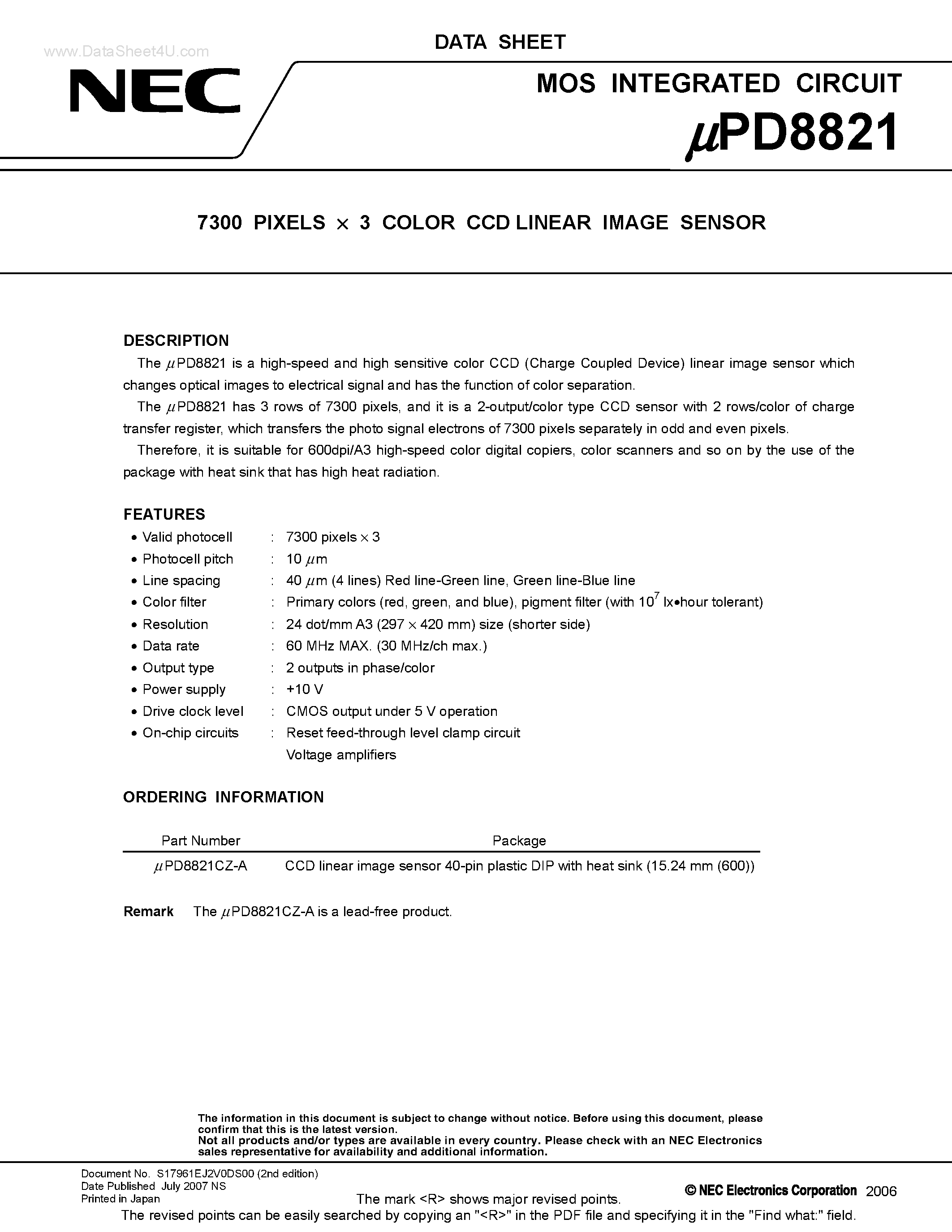 Даташит UPD8821 - 7300 PIXELS X 3 COLOR CCD LINEAR IMAGE SENSOR страница 1