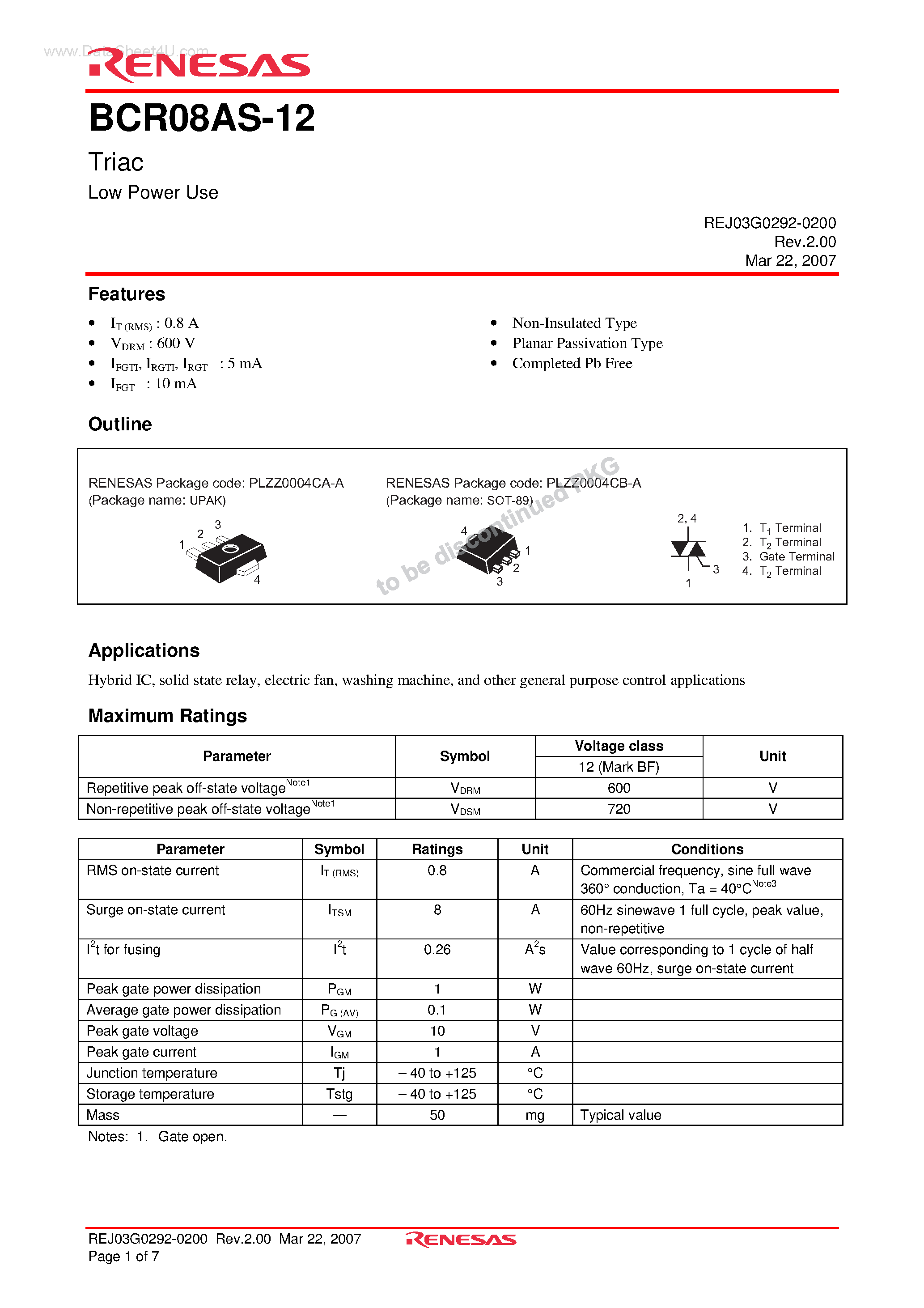 Datasheet BCR08AS-12 - Triac Low Power Use page 1