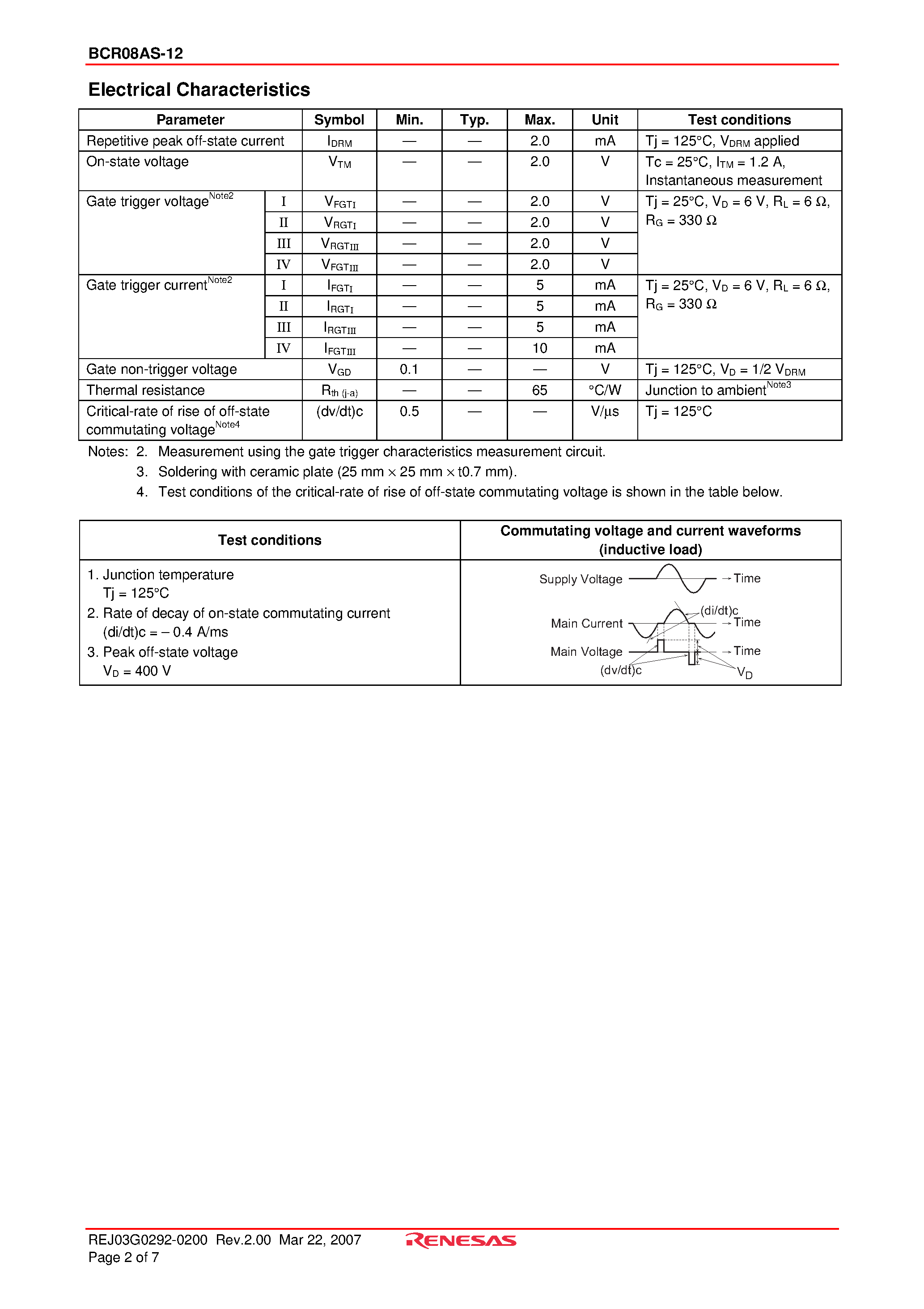 Datasheet BCR08AS-12 - Triac Low Power Use page 2