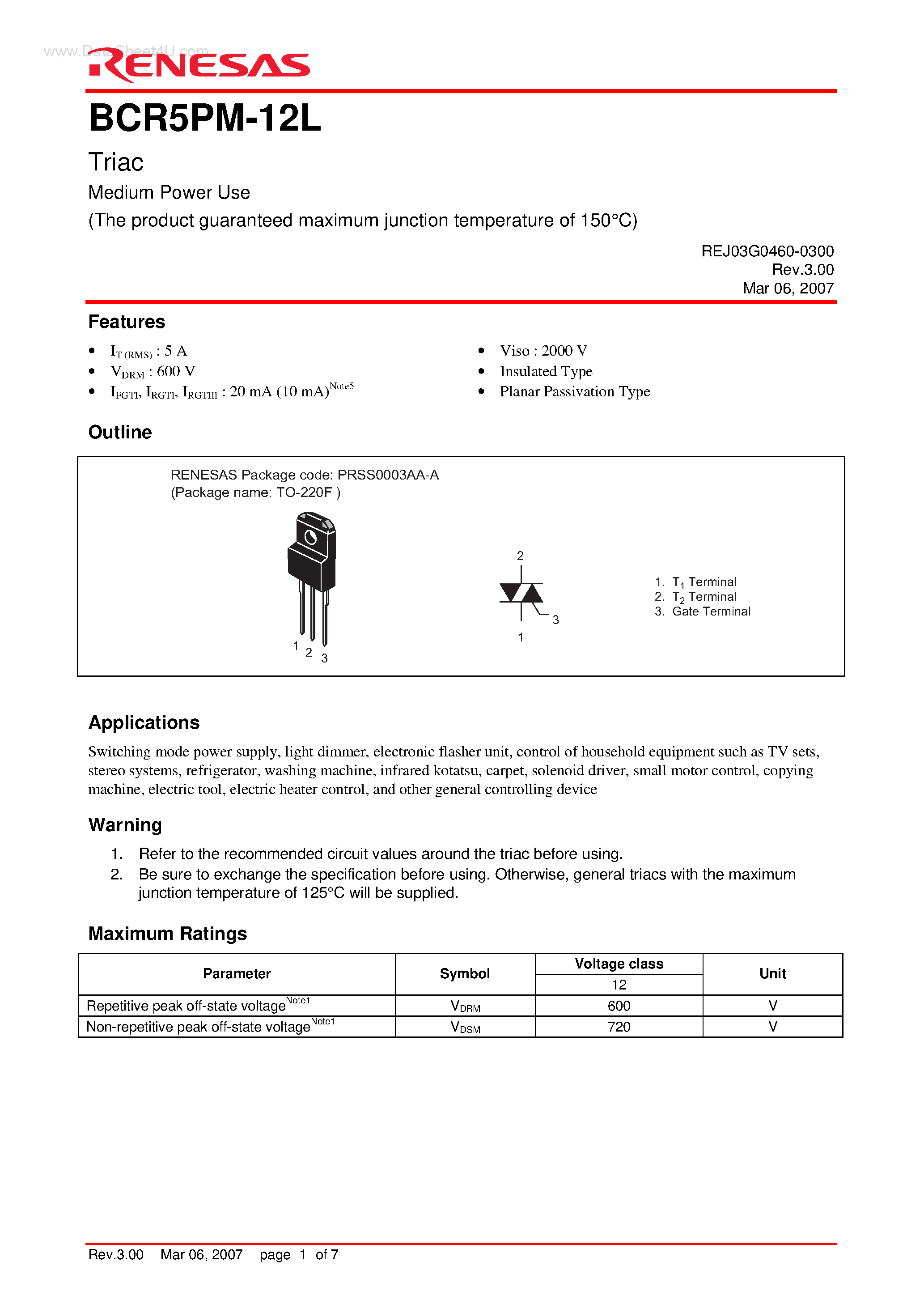 Даташит BCR5PM-12L - Triac Medium Power Use страница 1