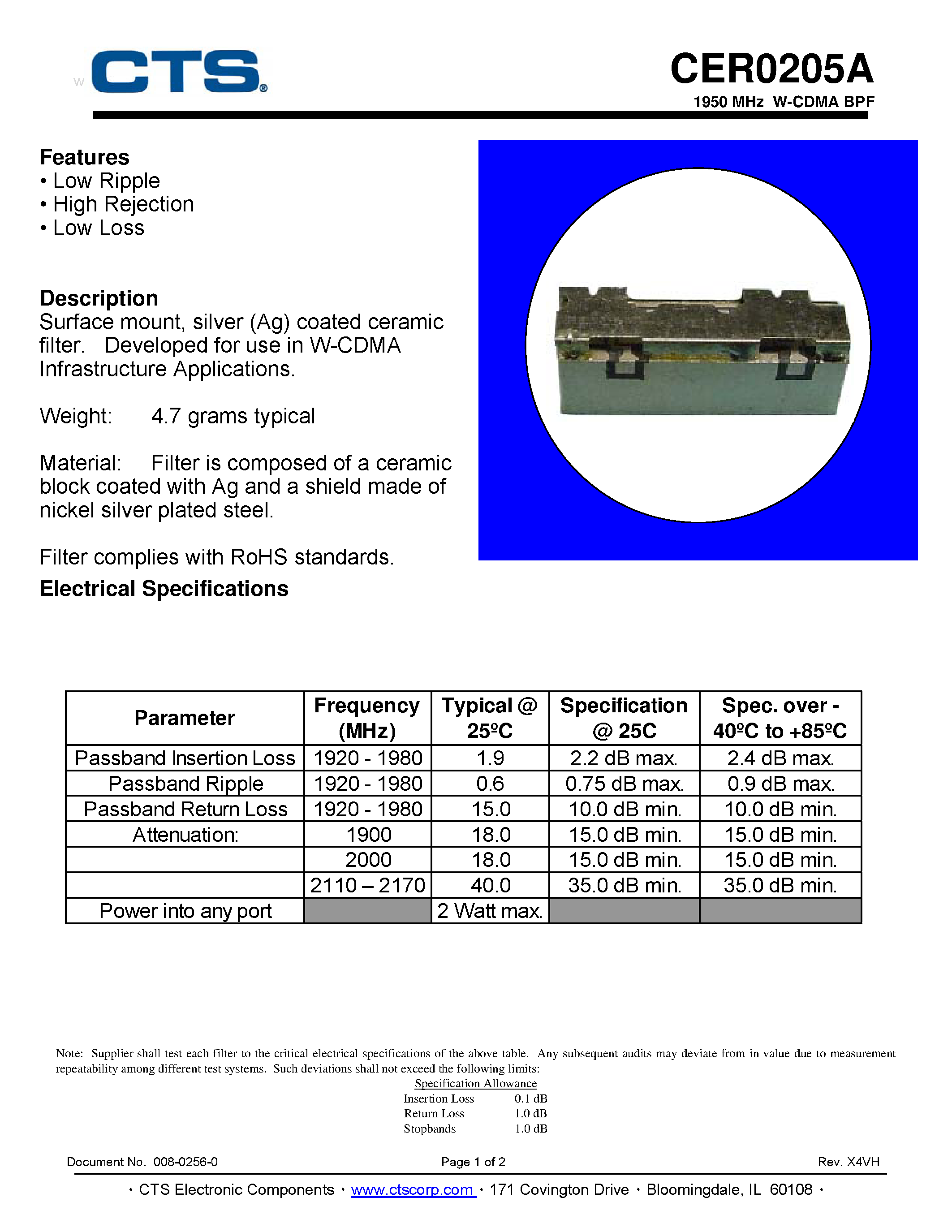 Даташит CER0205A - W-CDMA BPF страница 1