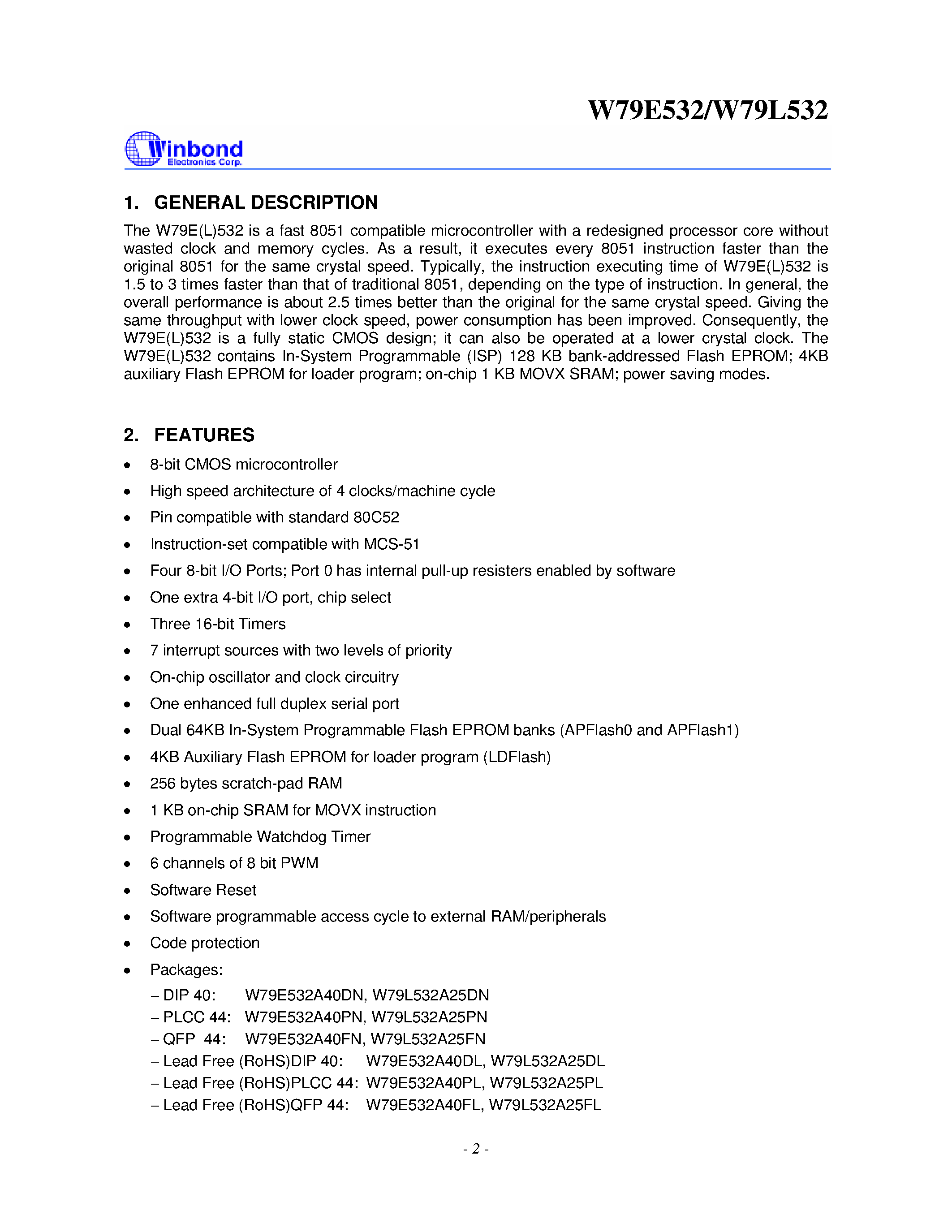 Даташит W79E532 - 8-BIT MICROCONTROLLER страница 2