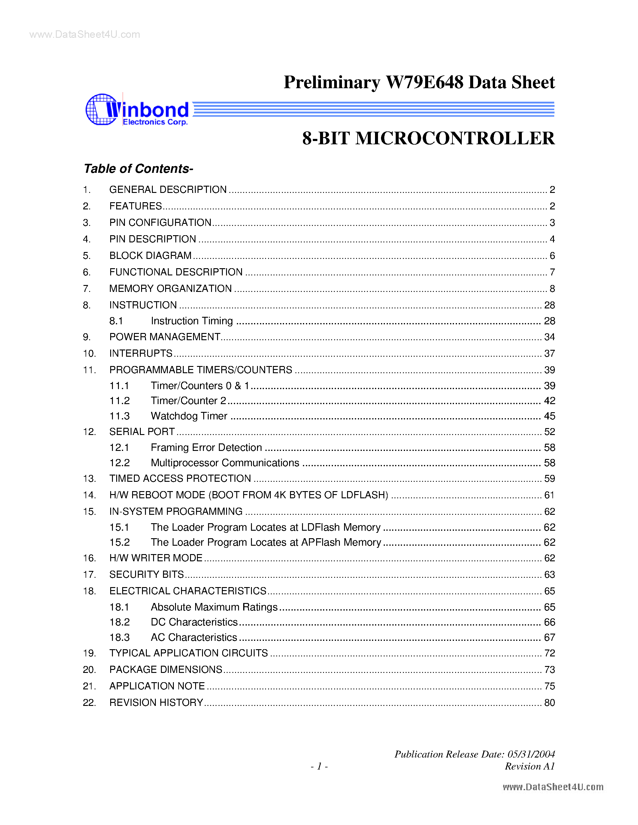 Даташит W79E648 - 8-BIT MICROCONTROLLER страница 1