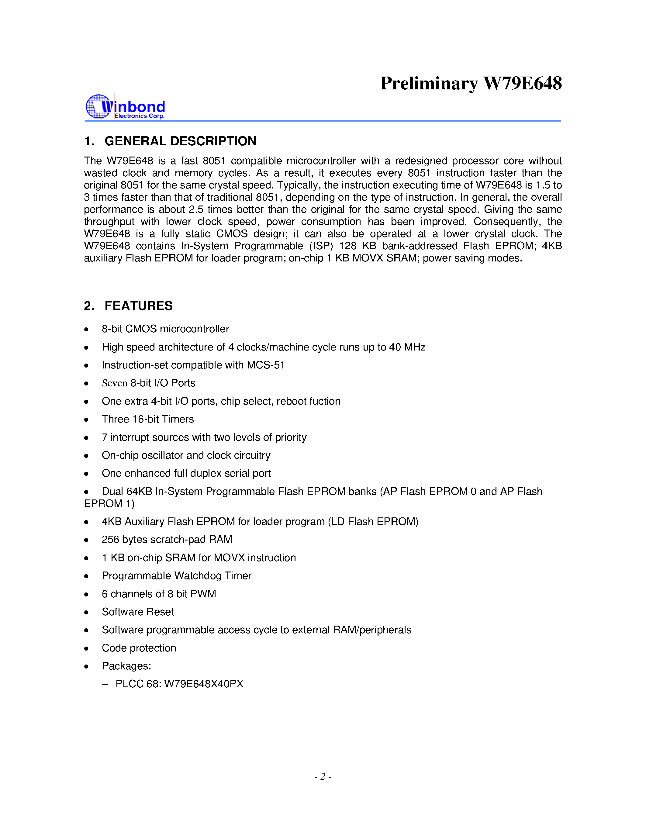 Даташит W79E648 - 8-BIT MICROCONTROLLER страница 2