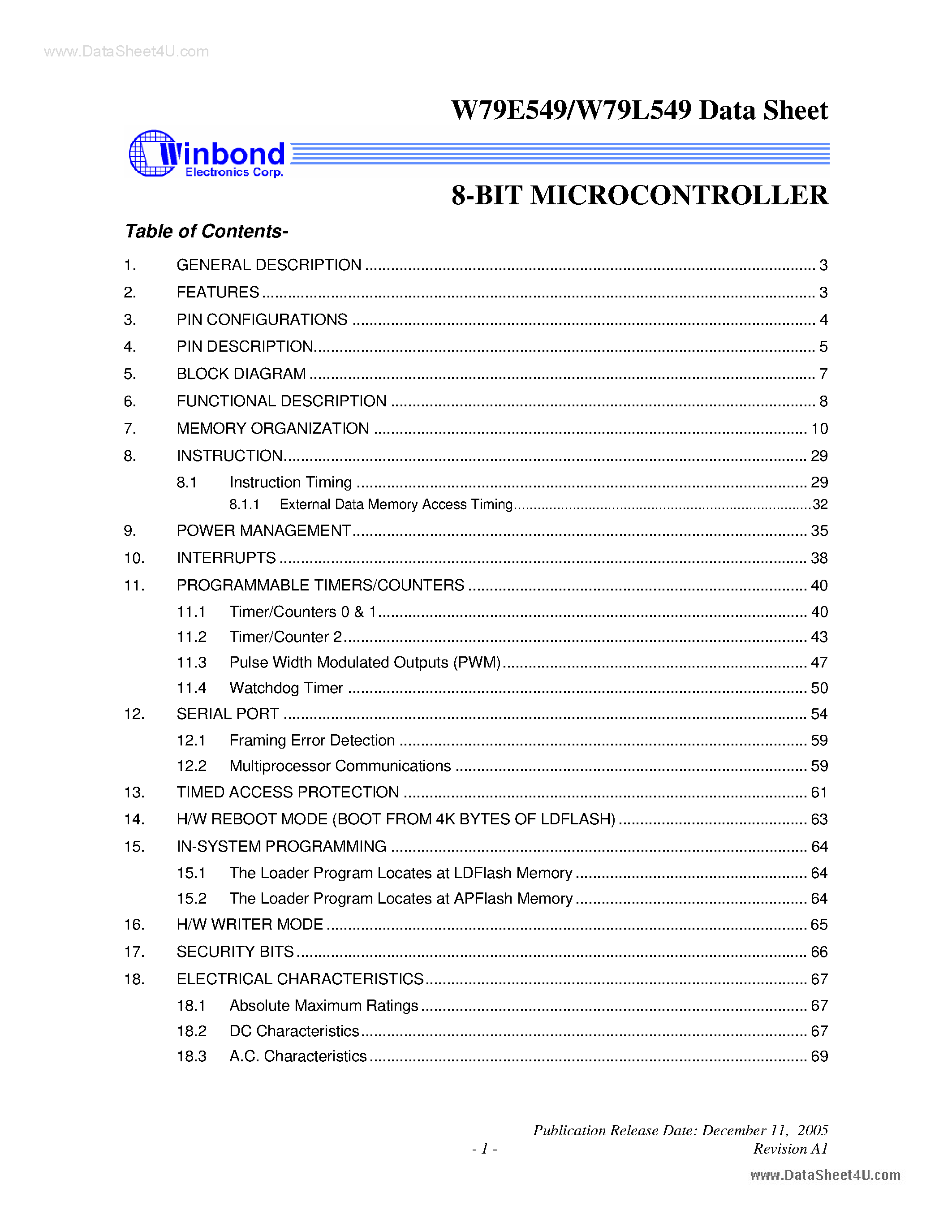 Даташит W79E549 - 8-BIT MICROCONTROLLER страница 1