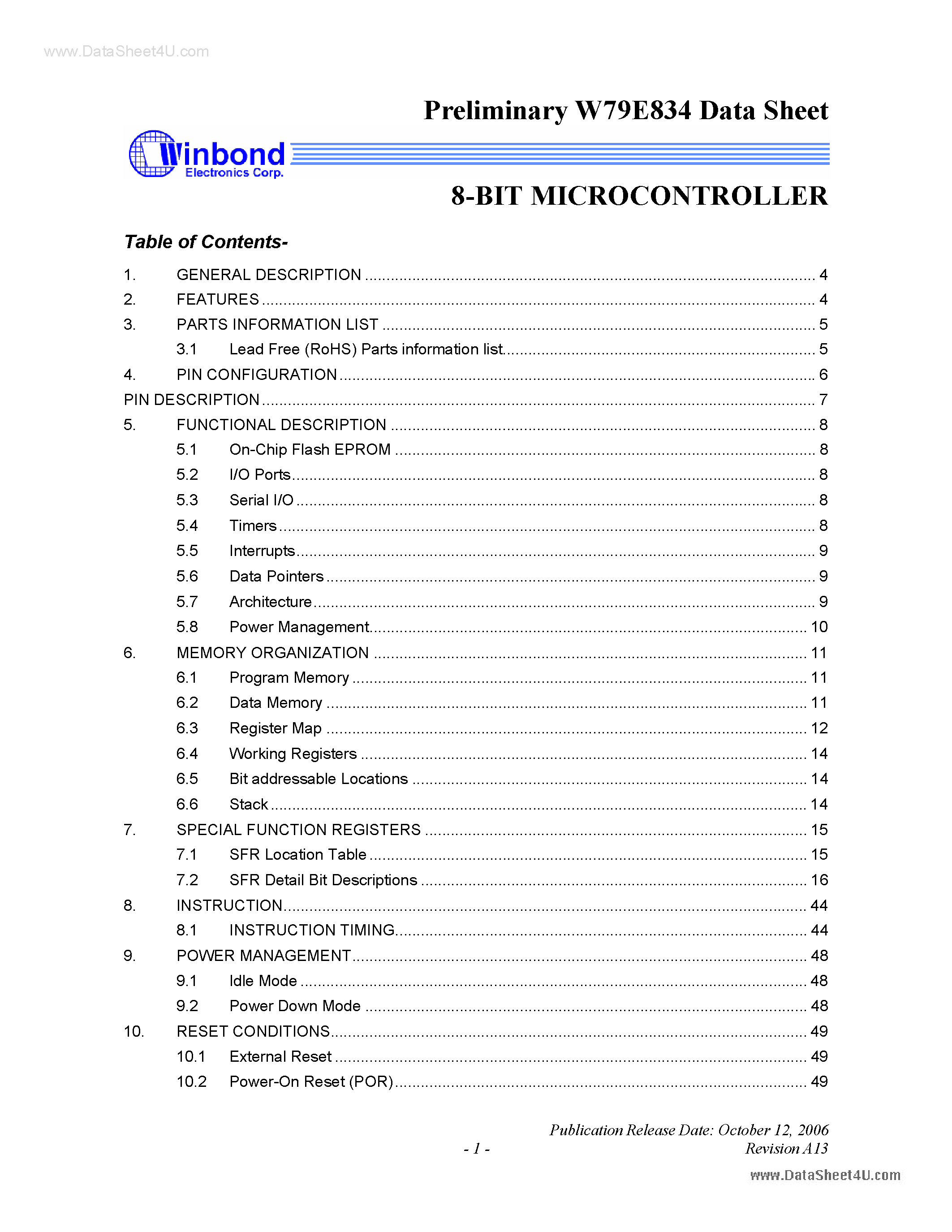 Даташит W79E834 - 8-BIT MICROCONTROLLER страница 1