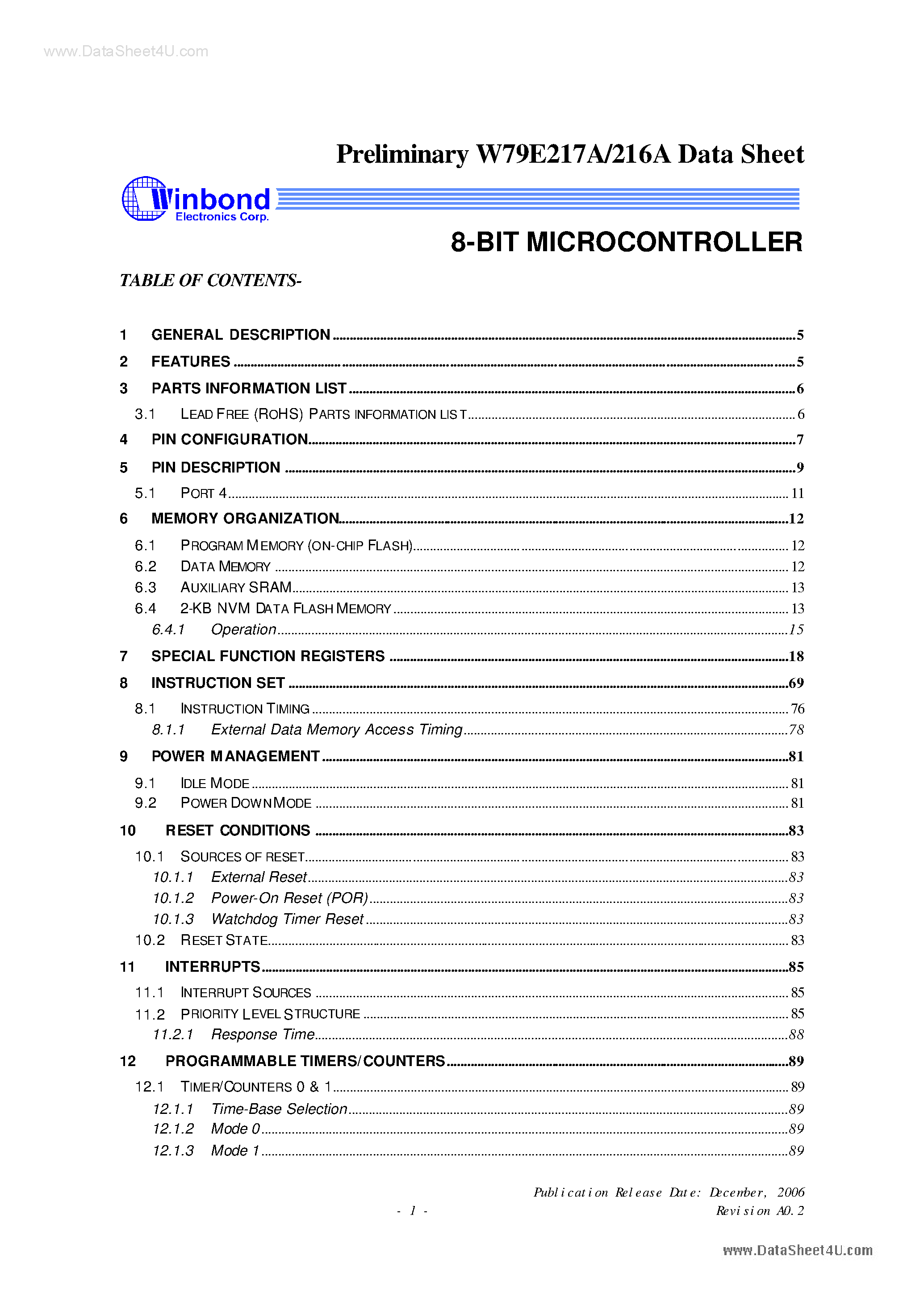 Даташит W79E216A - (W79E216A / W79E217A) 8-BIT MICROCONTROLLER страница 1