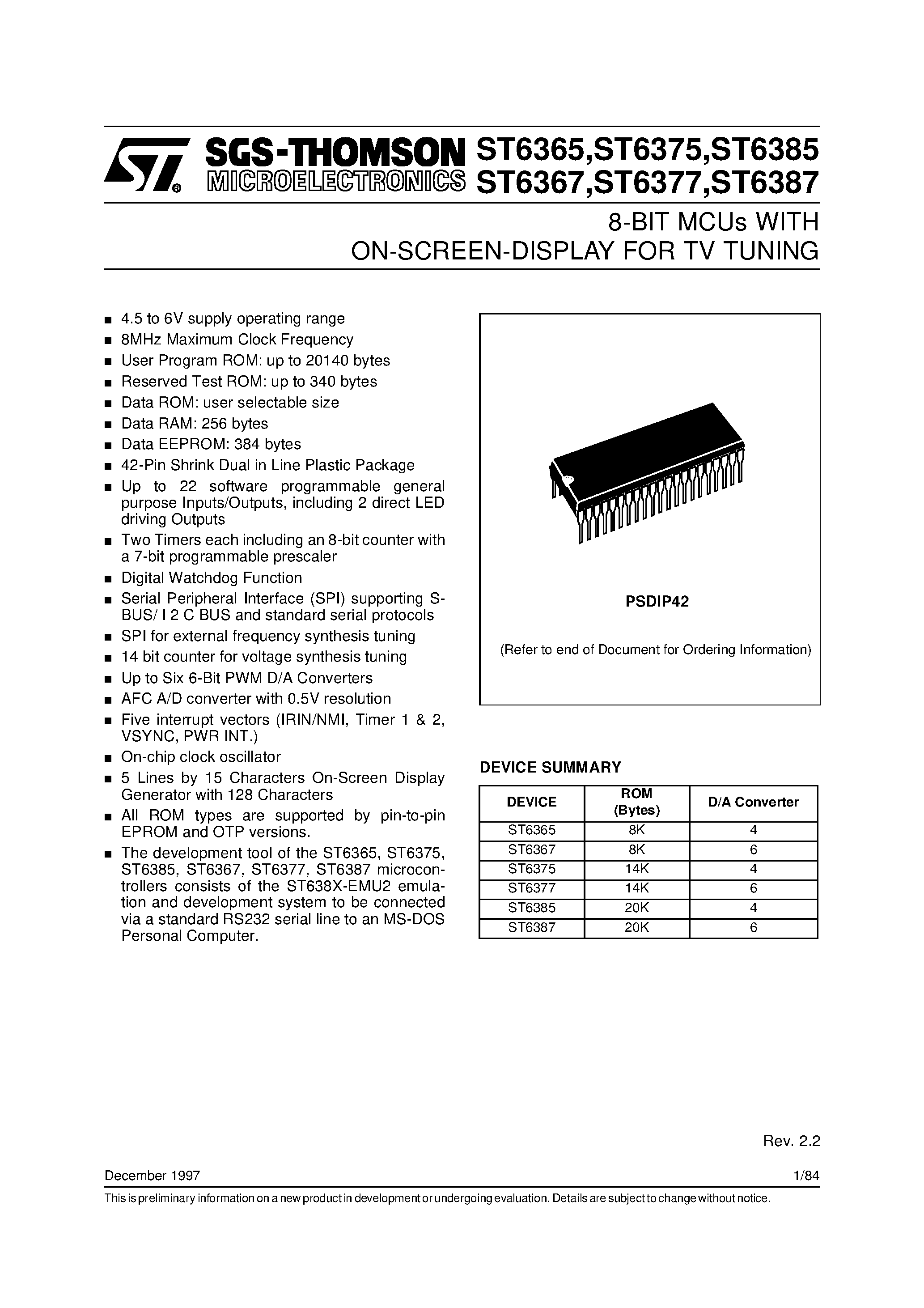 Даташит ST6365 - (ST6365 - ST6387) 8-BIT MCUs страница 1