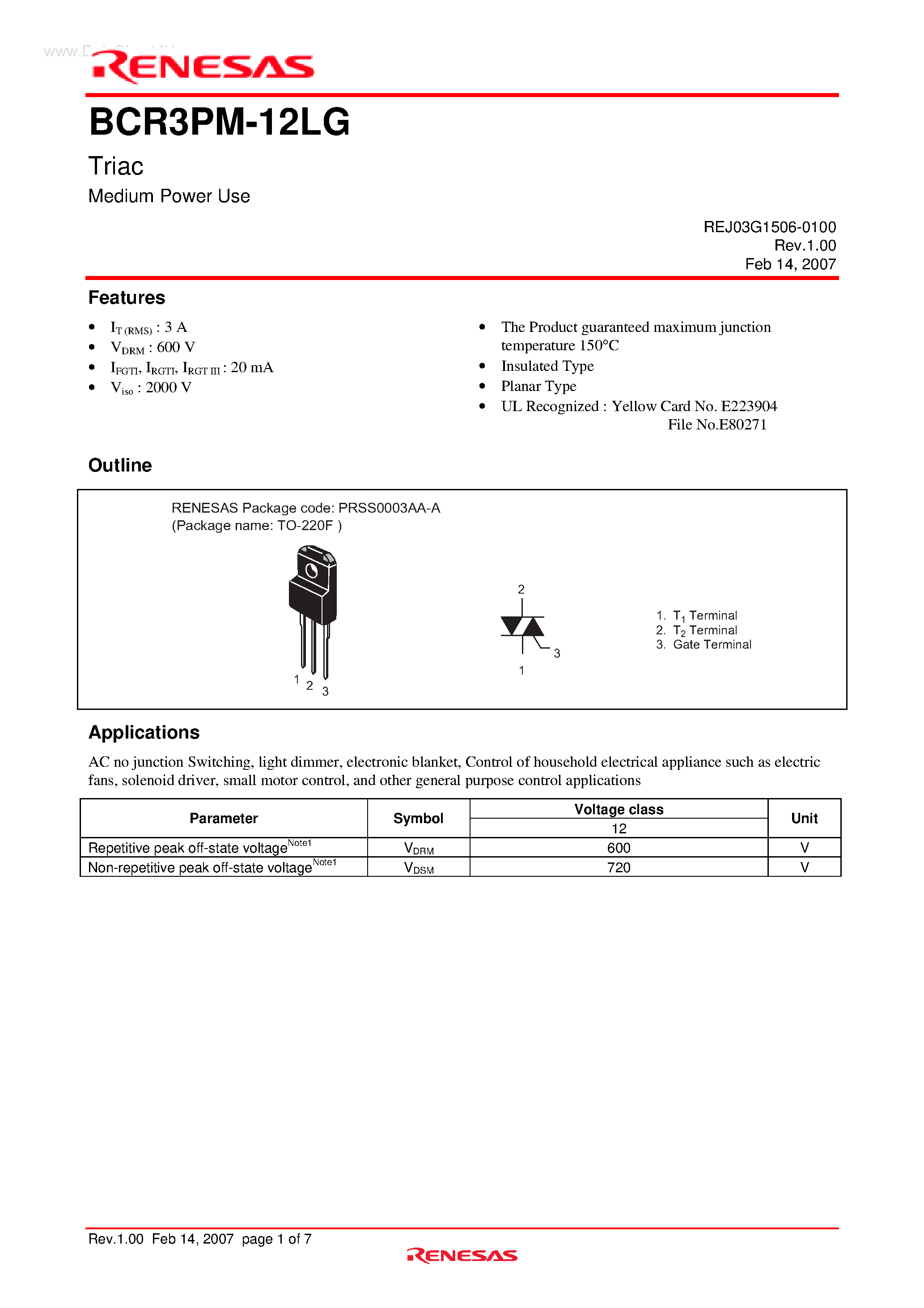 Даташит BCR3PM-12LG - Triac Medium Power Use страница 1