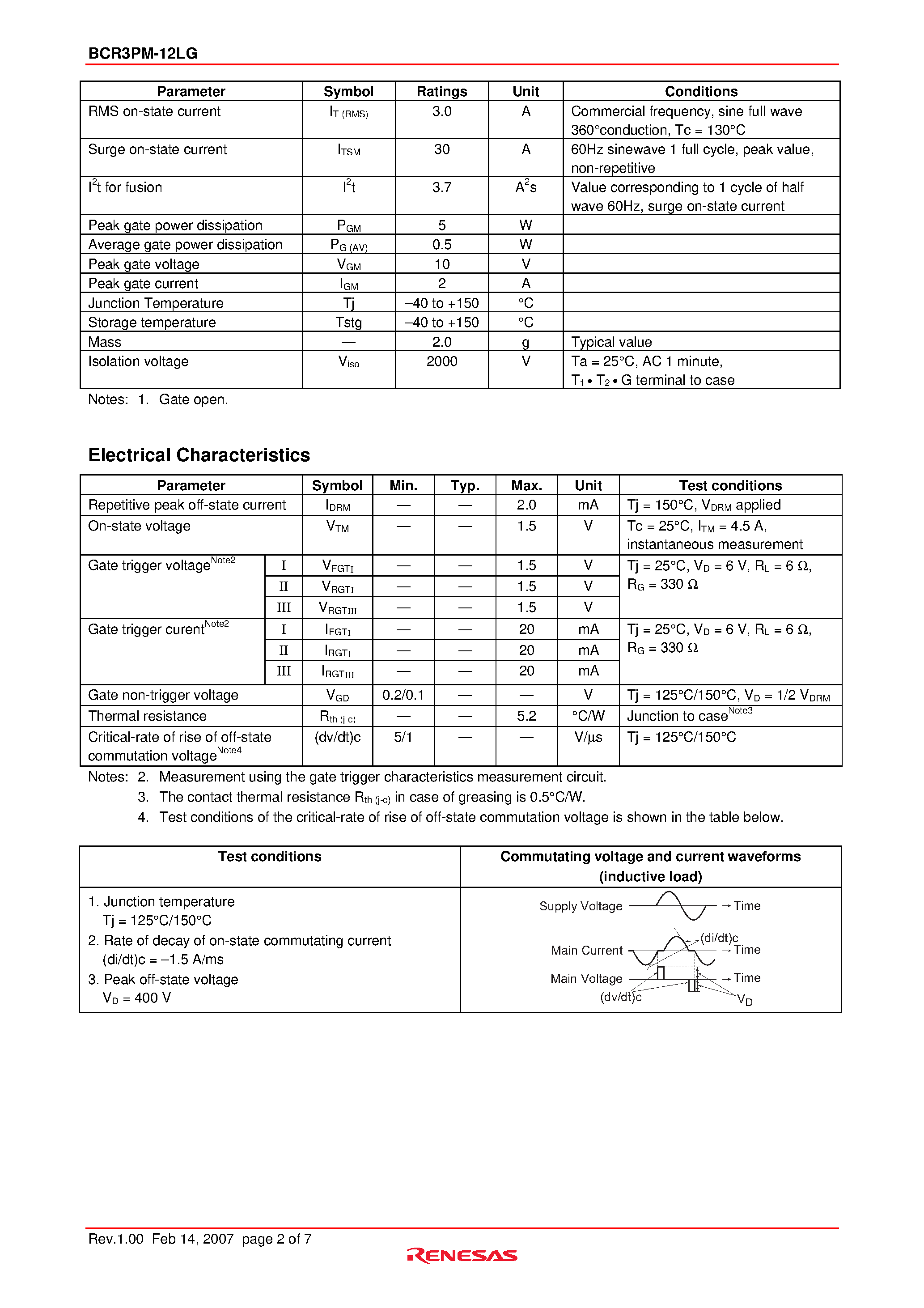 Даташит BCR3PM-12LG - Triac Medium Power Use страница 2