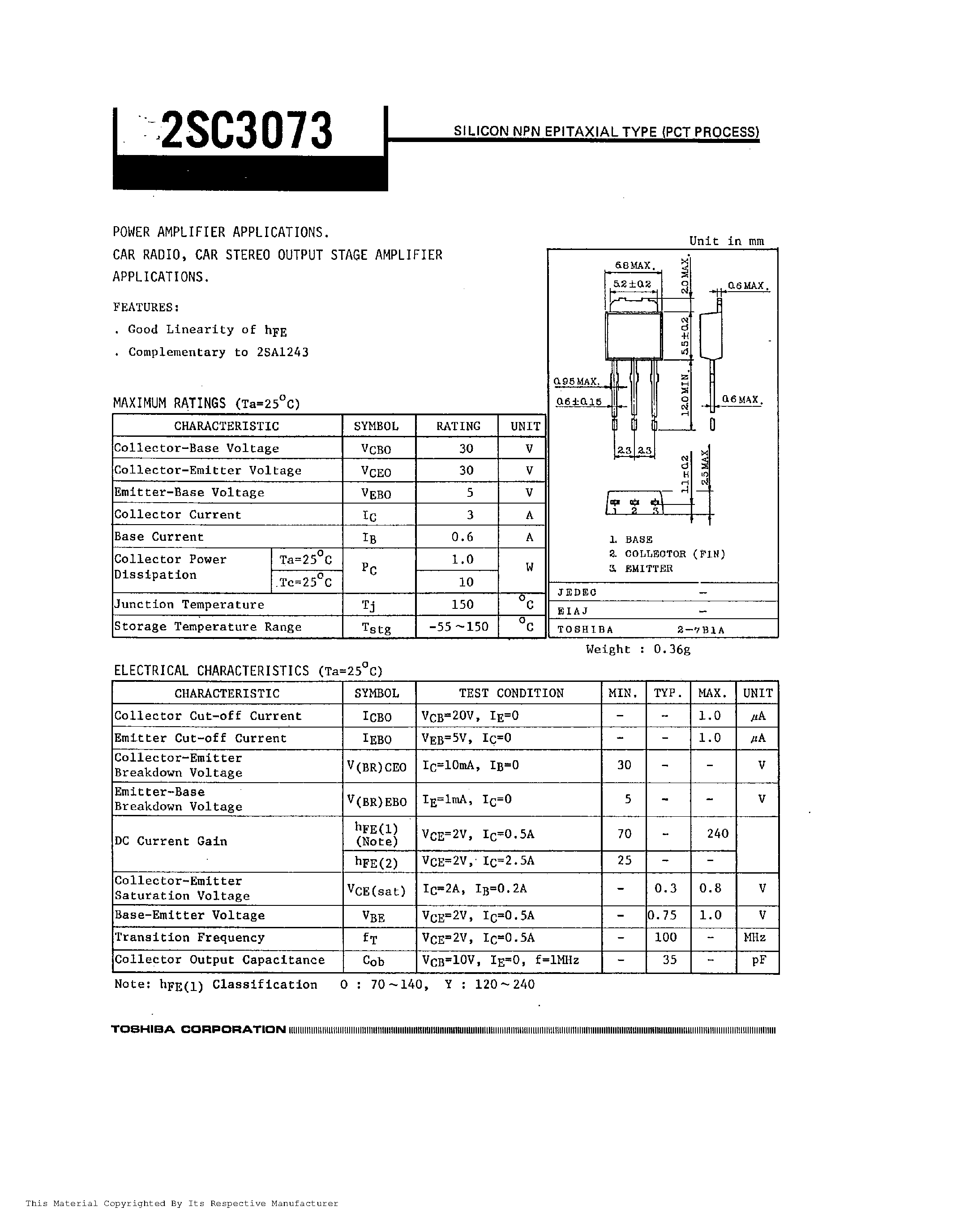 Даташит 2SC3073 - SILICON NPN EPITAXIAL TYPE страница 1