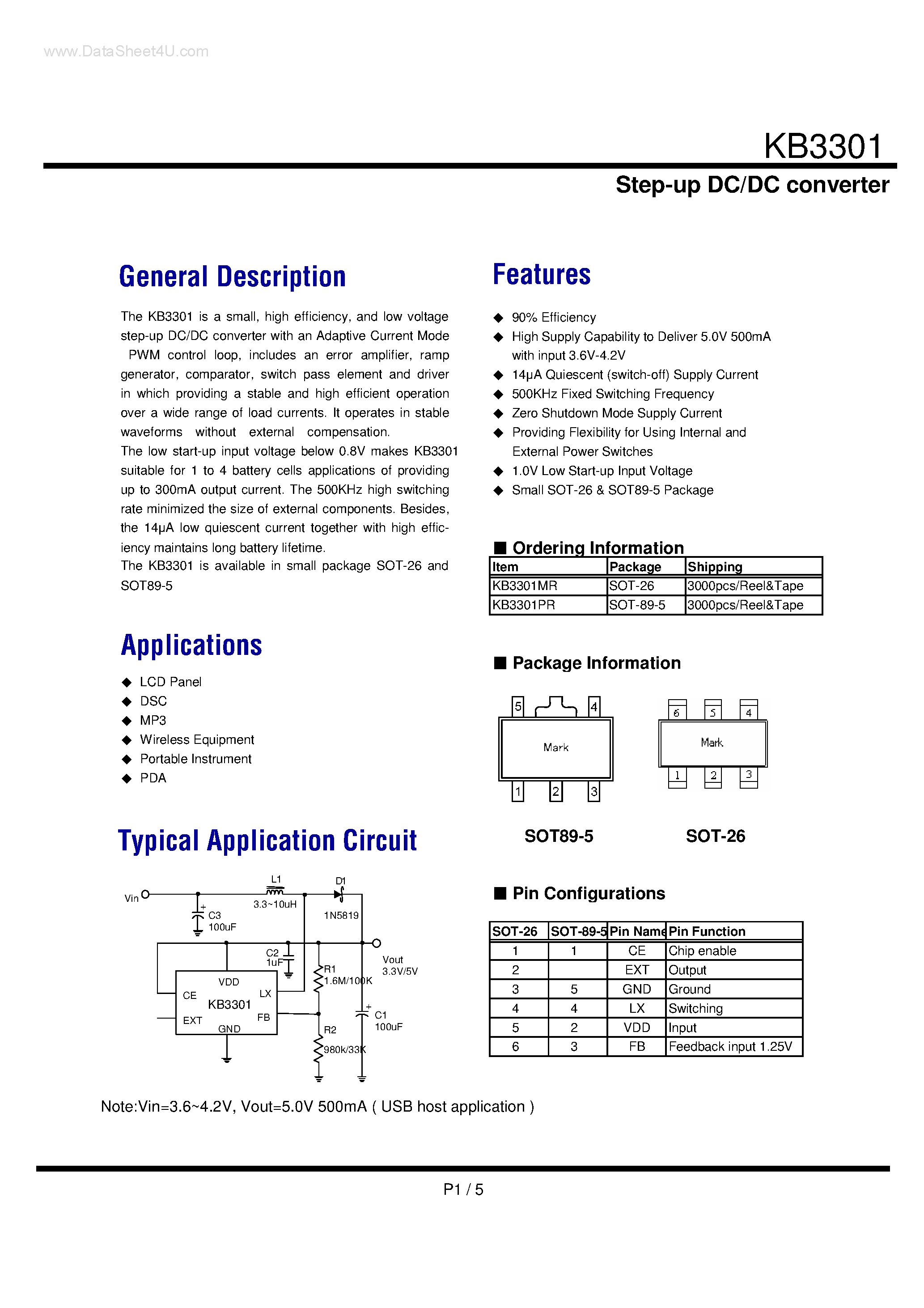 Даташит на микросхему KB3301 страница 1 Даташит KB3301 - Step-up DC/DC converter страница 1