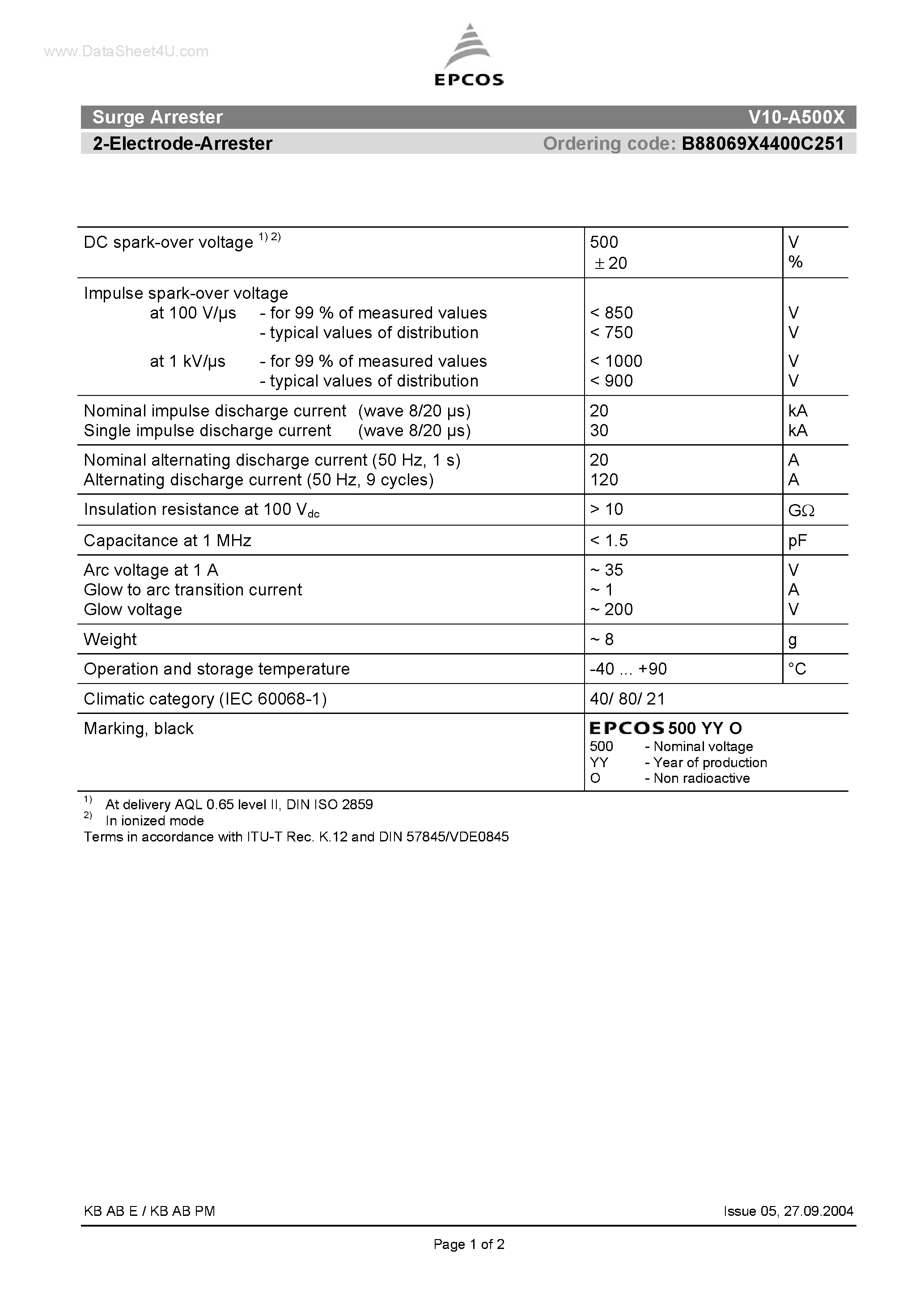 Даташит V10-A500X - Surge Arrester 2-Electrode-Arrester страница 1