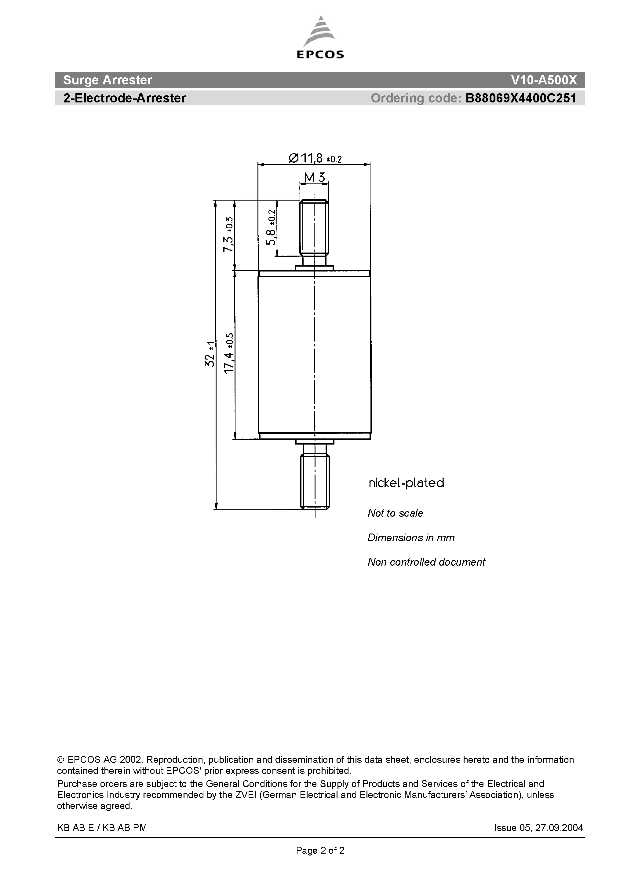 Даташит V10-A500X - Surge Arrester 2-Electrode-Arrester страница 2