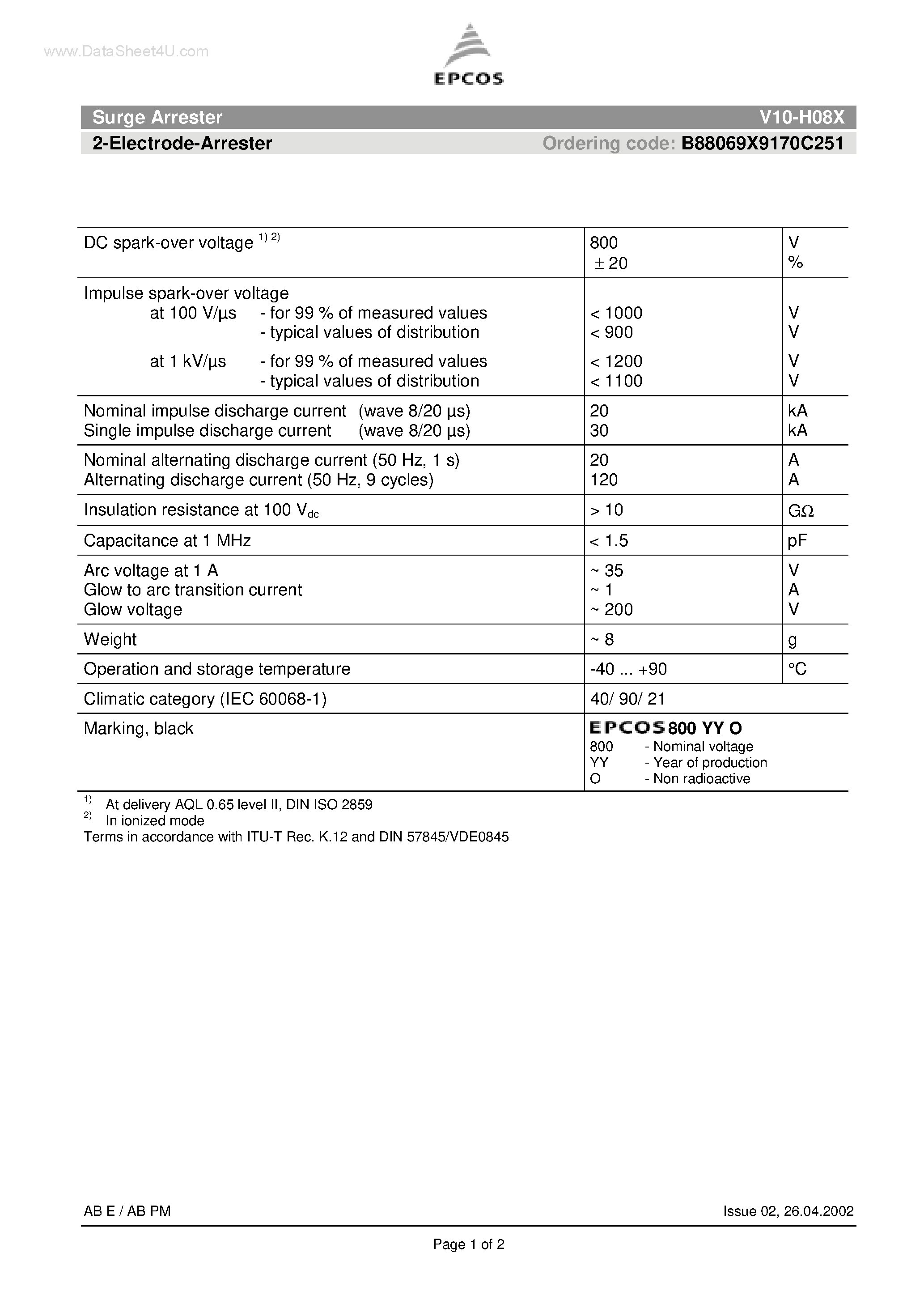 Даташит V10-H08X - Surge Arrester 2-Electrode-Arrester страница 1