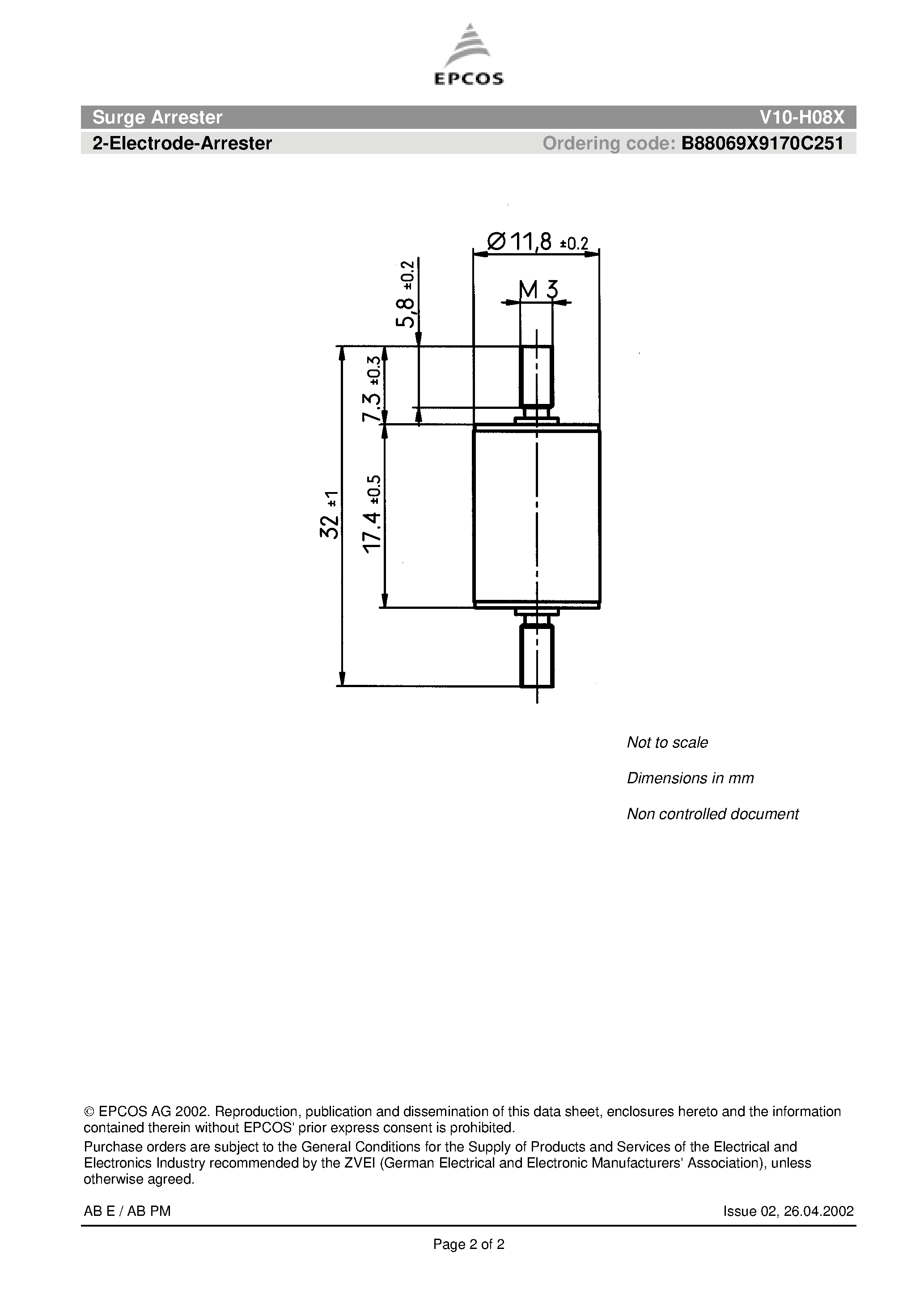 Даташит V10-H08X - Surge Arrester 2-Electrode-Arrester страница 2