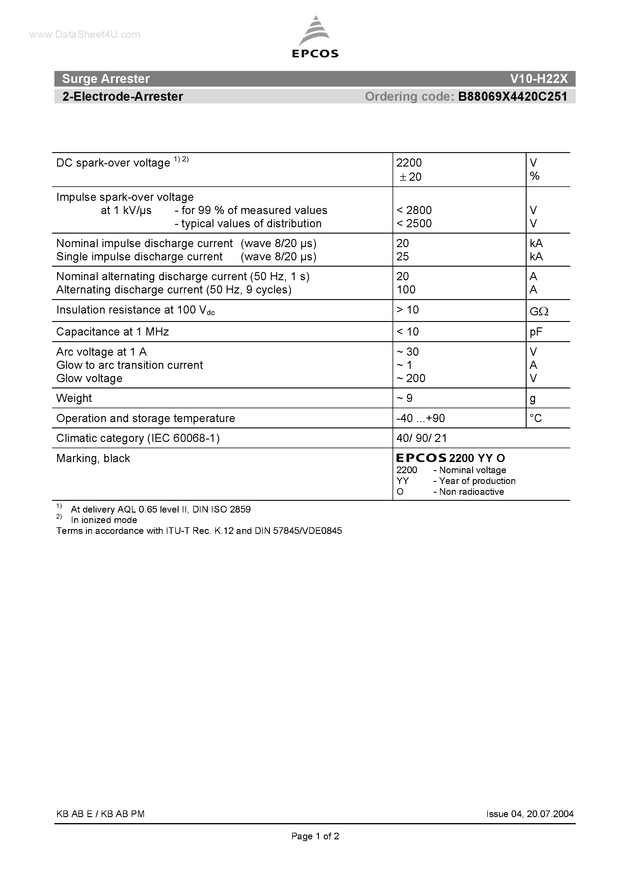 Даташит V10-H22X - Surge Arrester 2-Electrode-Arrester страница 1