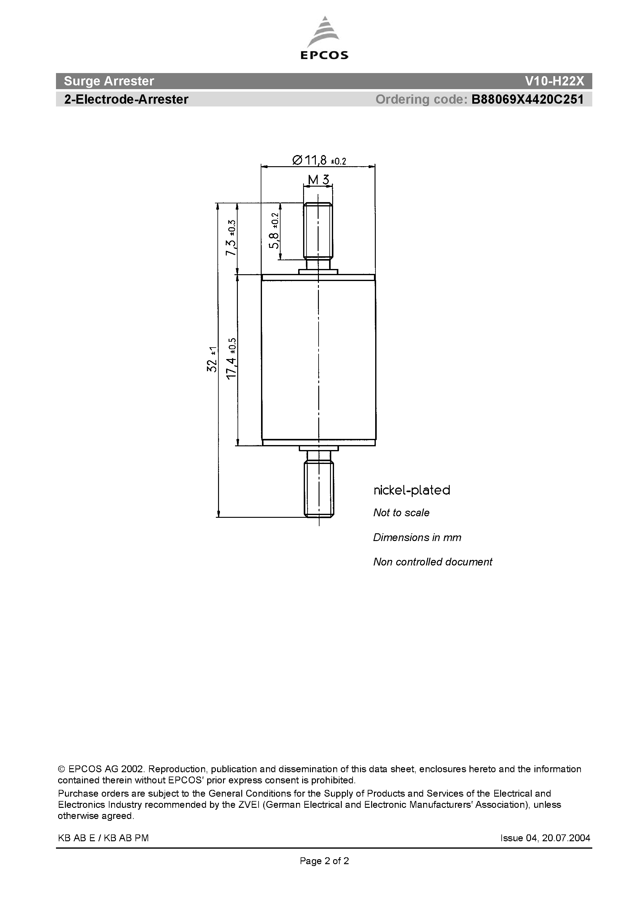 Даташит V10-H22X - Surge Arrester 2-Electrode-Arrester страница 2