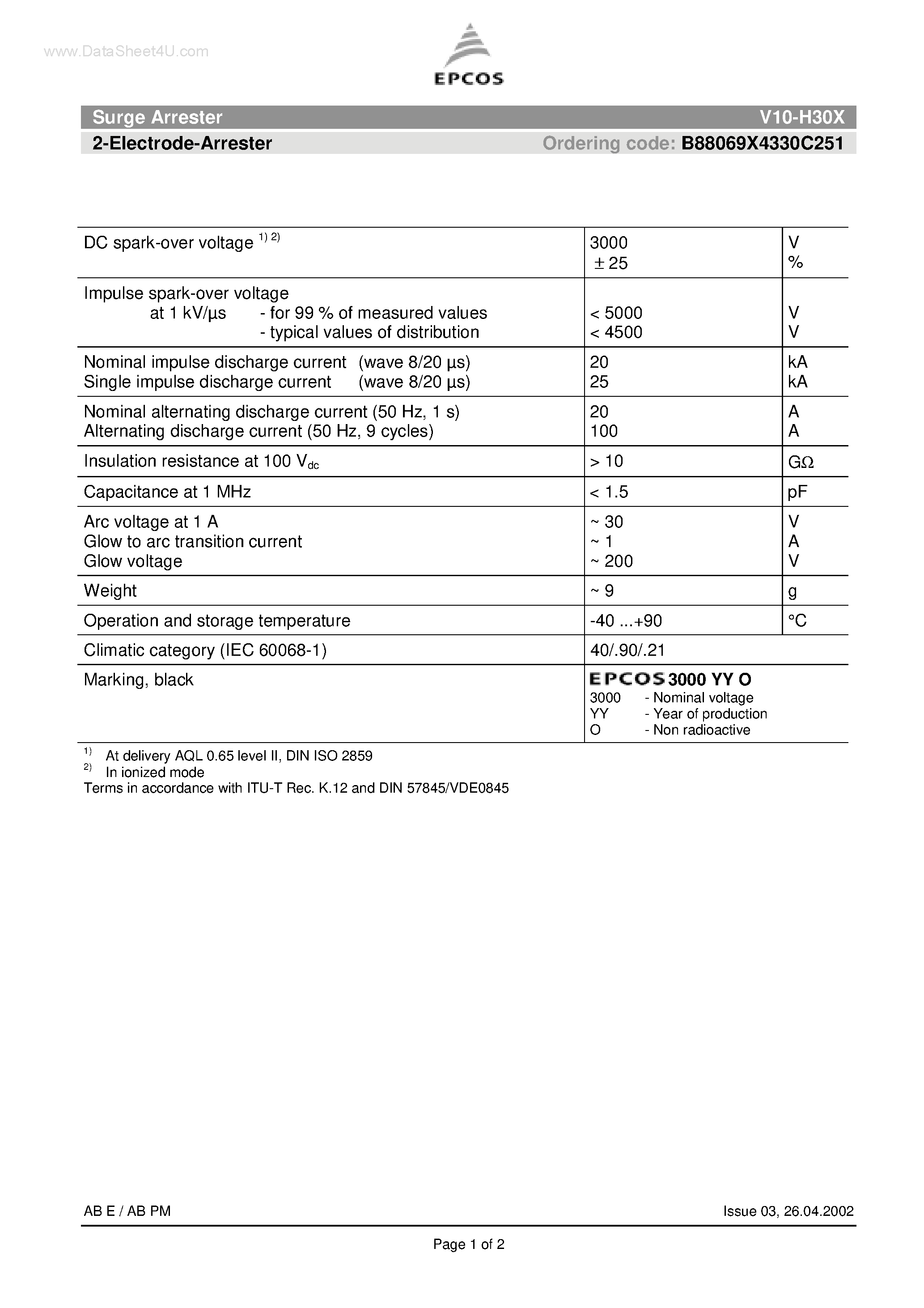 Даташит V10-H30X - Surge Arrester 2-Electrode-Arrester страница 1