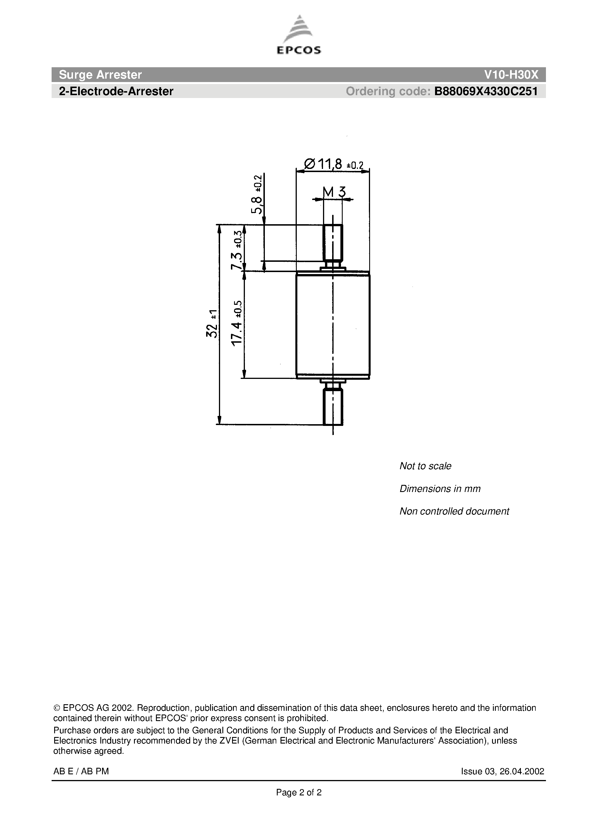 Даташит V10-H30X - Surge Arrester 2-Electrode-Arrester страница 2