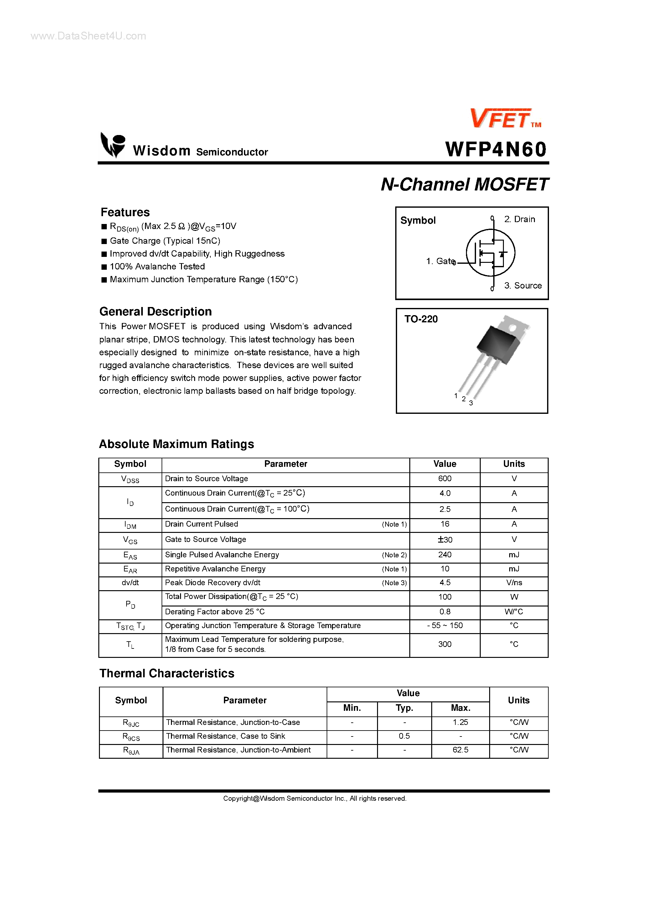 Даташит WFP4N60 - N-Channel MOSFET страница 1