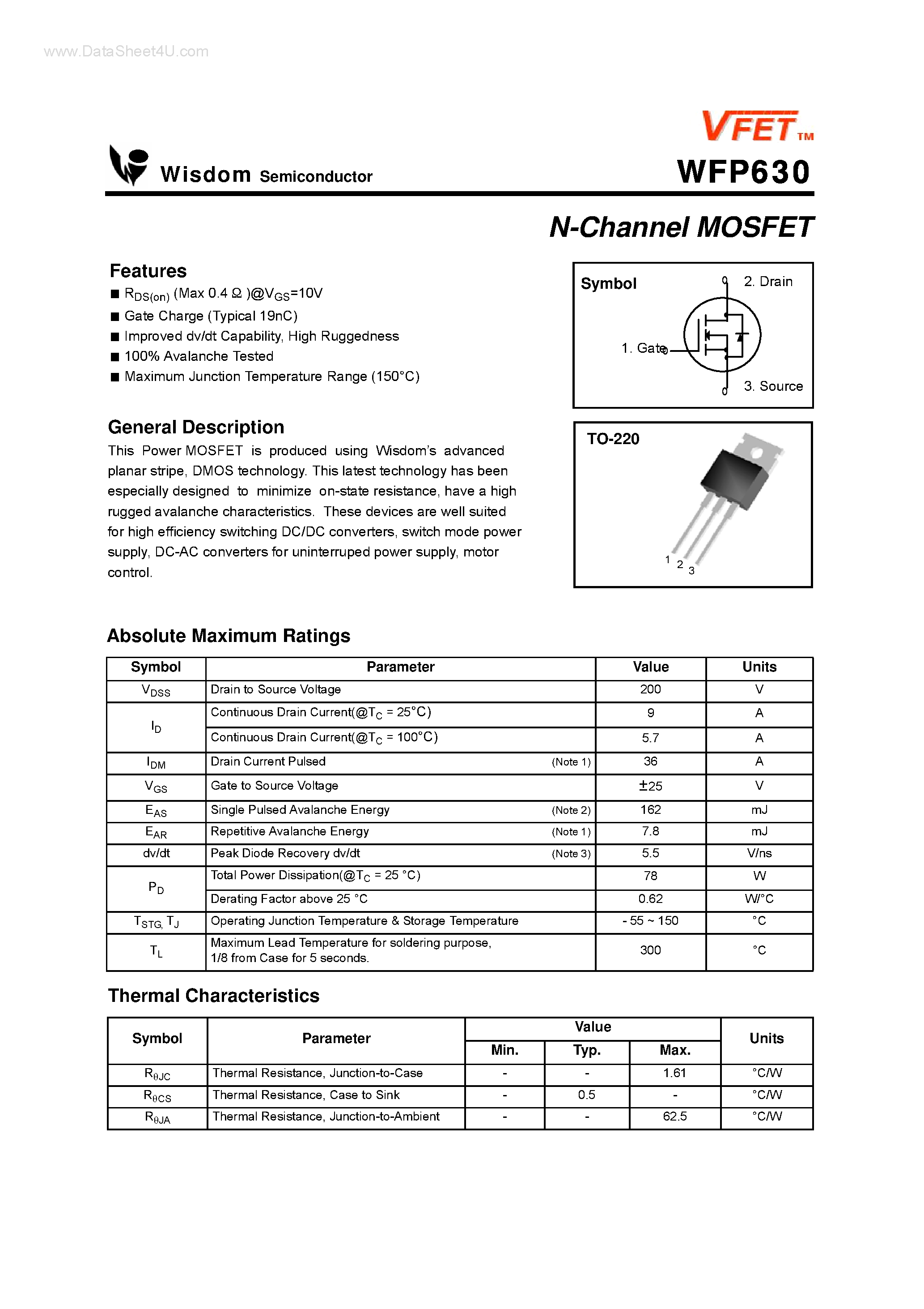 Даташит WFP630 - N-Channel MOSFET страница 1