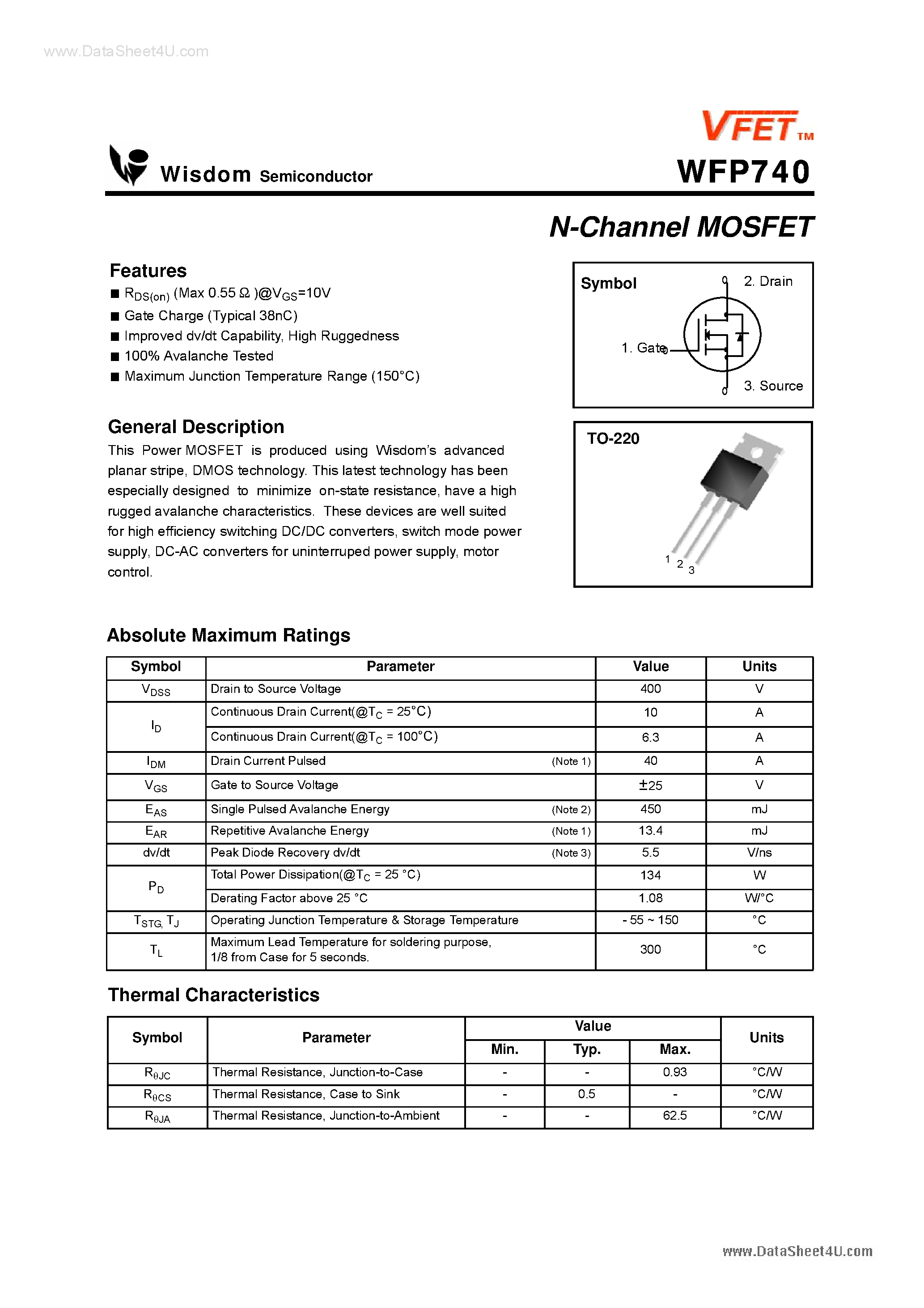 Даташит WFP740 - N-Channel MOSFET страница 1