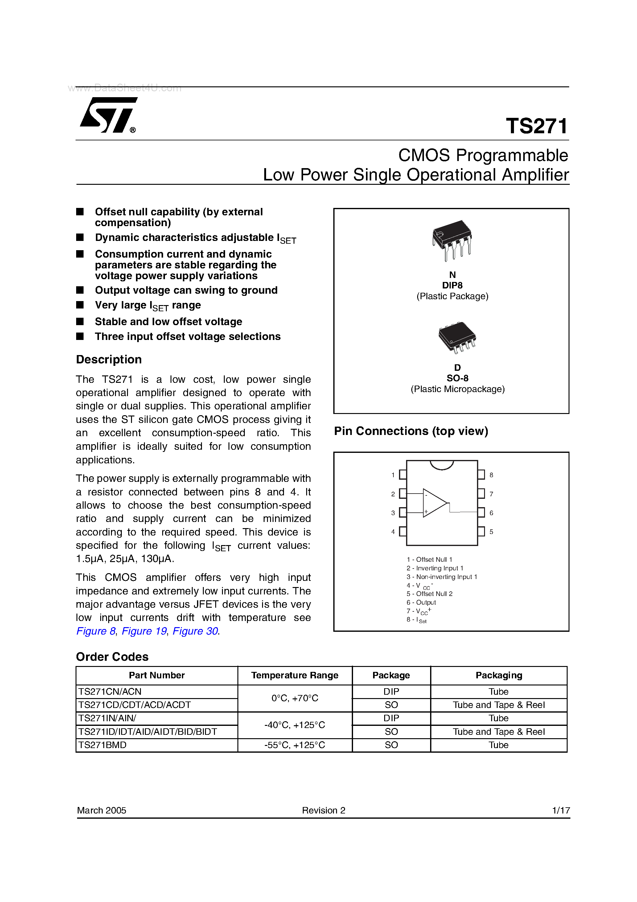 Даташит TS271 - CMOS Programmable Low Power Single Operational Amplifier страница 1
